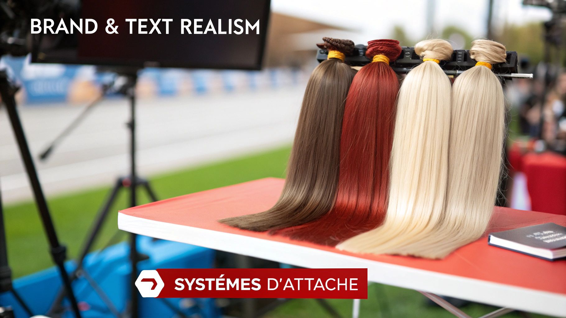 Plusieurs extensions de cheveux de différentes couleurs (brun, roux, blond) présentées sur une table rouge avec le texte 'Systèmes d'attache'.