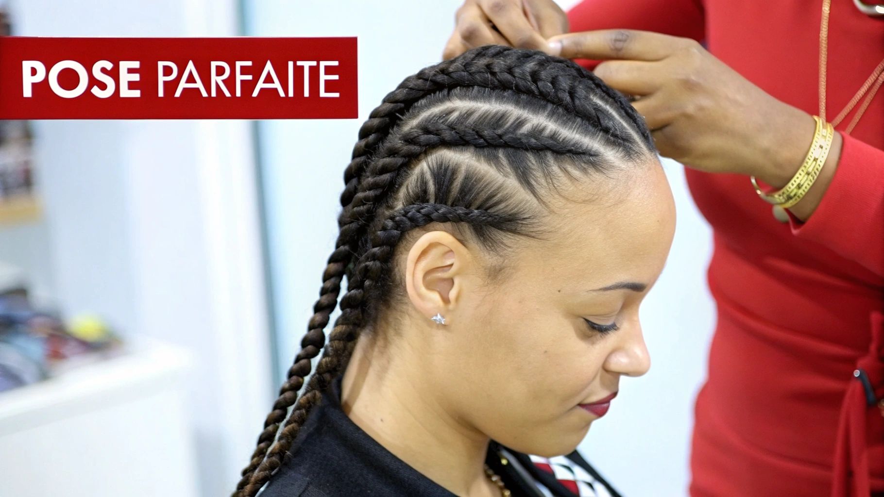 Une coiffeuse experte réalisant une tresse de base pour un tissage sur une cliente dans un salon élégant.