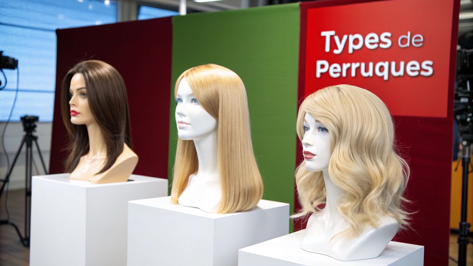 Trois mannequins présentent des perruques de styles variés: brune, blonde lisse et blonde ondulée, sur fond coloré.