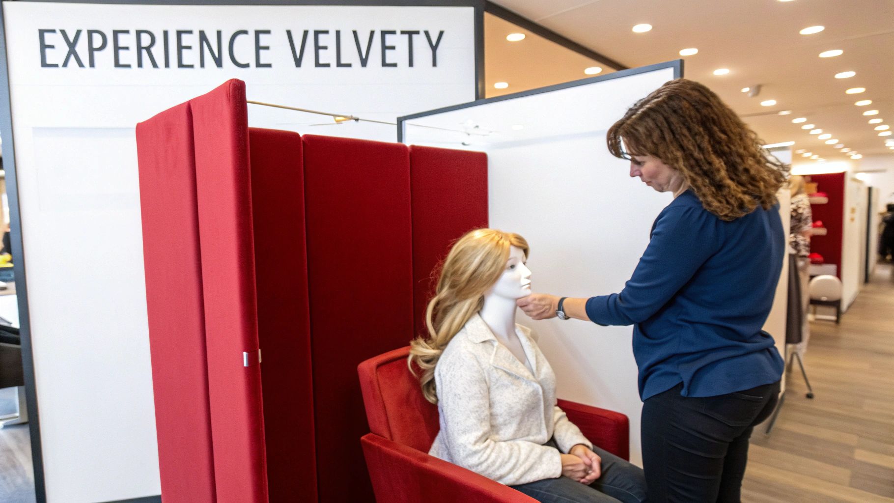 Une femme ajuste une perruque sur un mannequin assis dans un fauteuil rouge, sous une enseigne « EXPERIENCE VELVETY ».