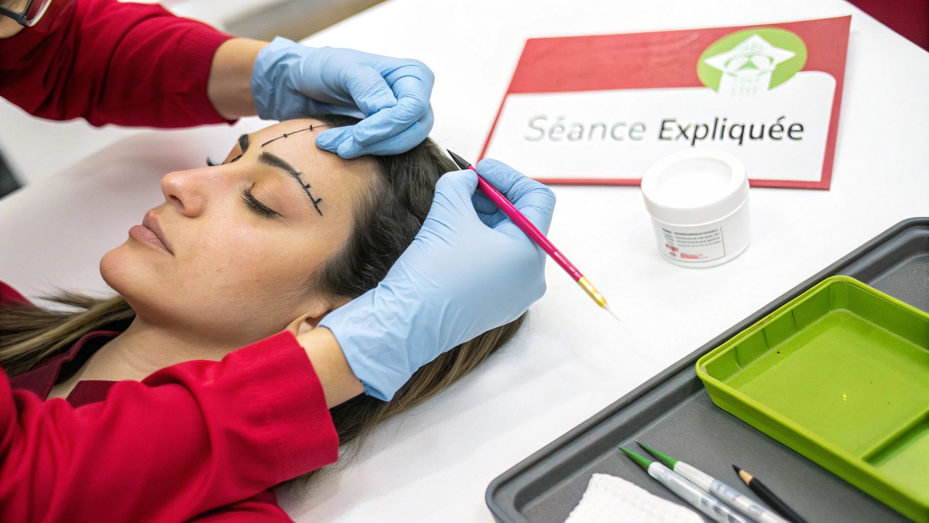 Une femme reçoit un traitement de sourcils, avec des marques dessinées, par une personne gantée.