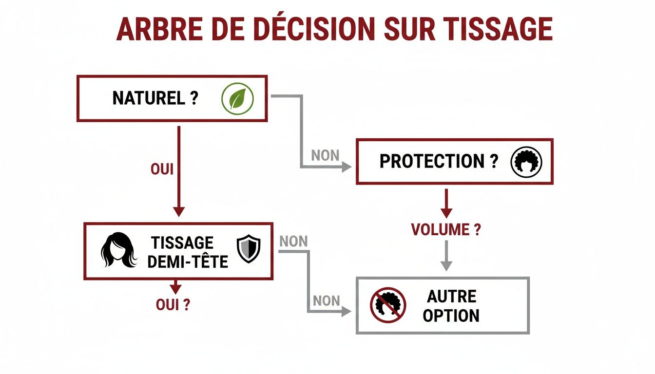 Arbre de décision expliquant les options de tissage: naturel, demi-tête, protection ou volume.