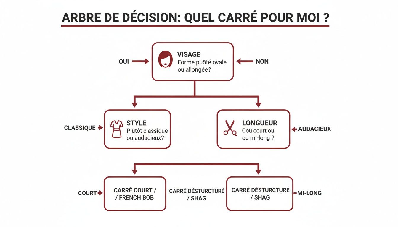 Arbre de décision pour choisir votre coupe carré idéale : visage, style, longueur.