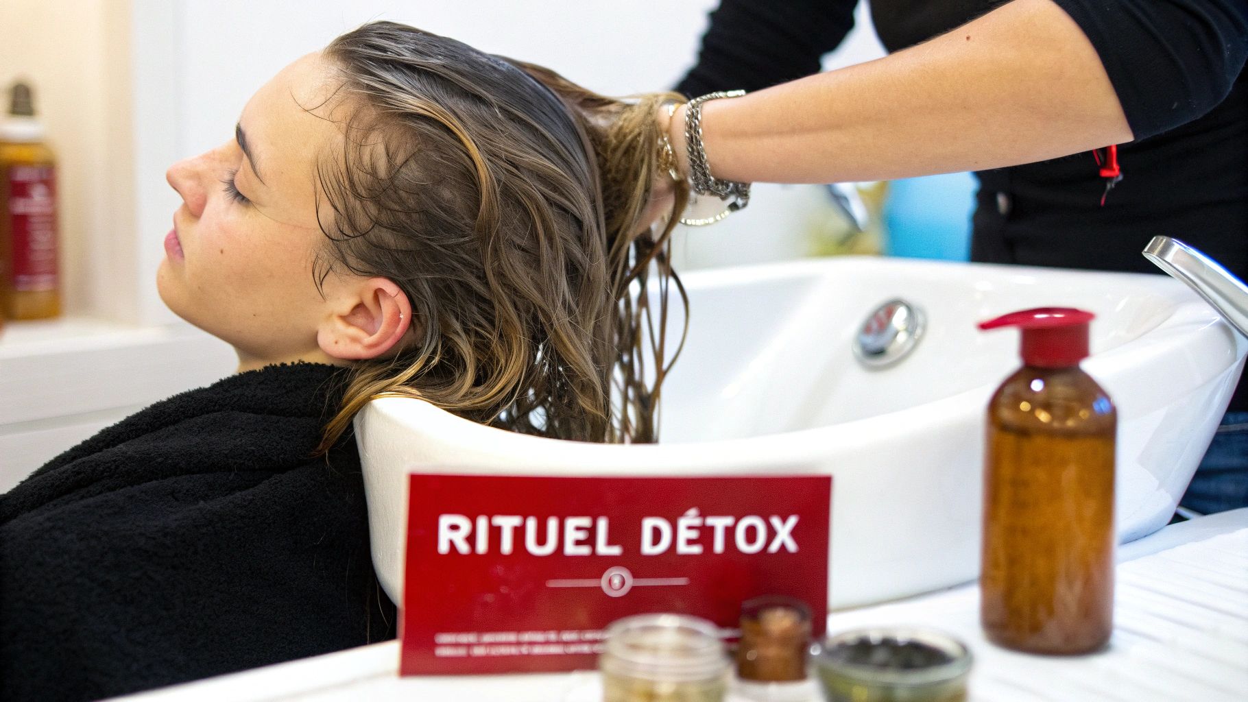 Une femme aux cheveux mouillés reçoit un traitement capillaire détox en salon de coiffure.