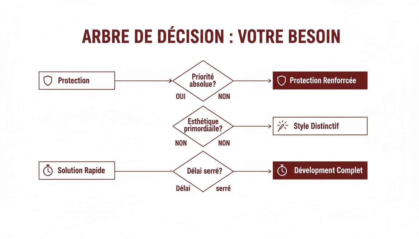 Diagramme d'arbre de décision pour guider le choix entre protection, esthétique et rapidité de solution.