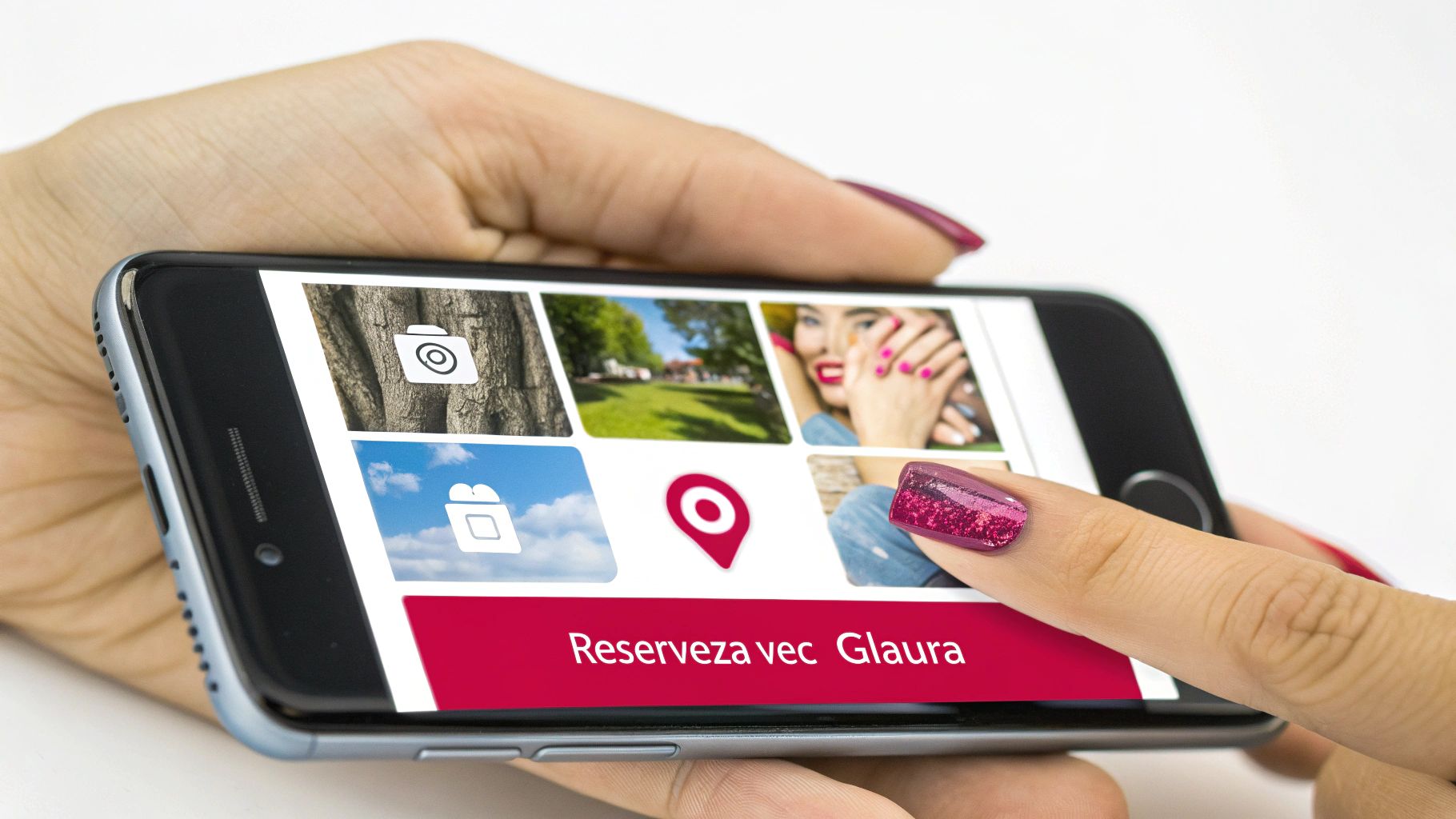Une main tient un smartphone affichant une application avec des photos et un bouton 'Reserveza vec Glaura', avec un doigt tapant l'écran.