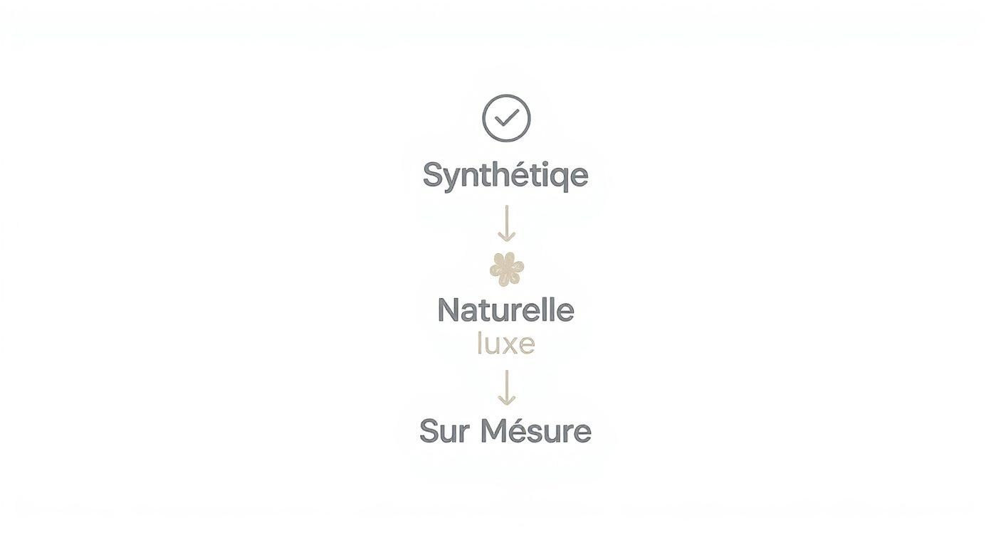 Diagramme montrant trois catégories de perruques : synthétique, naturelle luxe et sur mesure, avec des flèches descendantes et symboles.