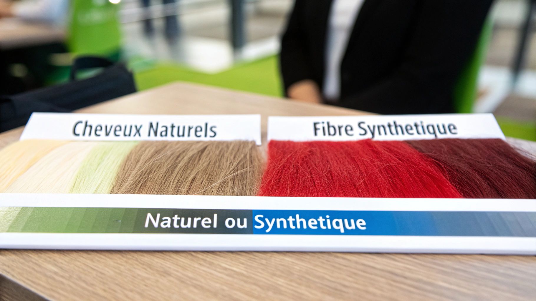 Échantillons de cheveux naturels et de fibres synthétiques de différentes couleurs, présentés sur une table en bois.