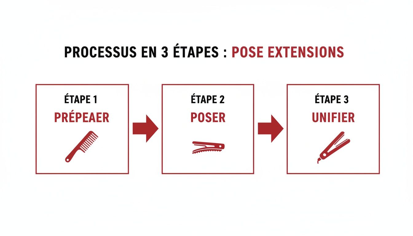 Étapes de pose d'extensions capillaires : préparation avec peigne, pose avec pince, unification avec fer à lisser.