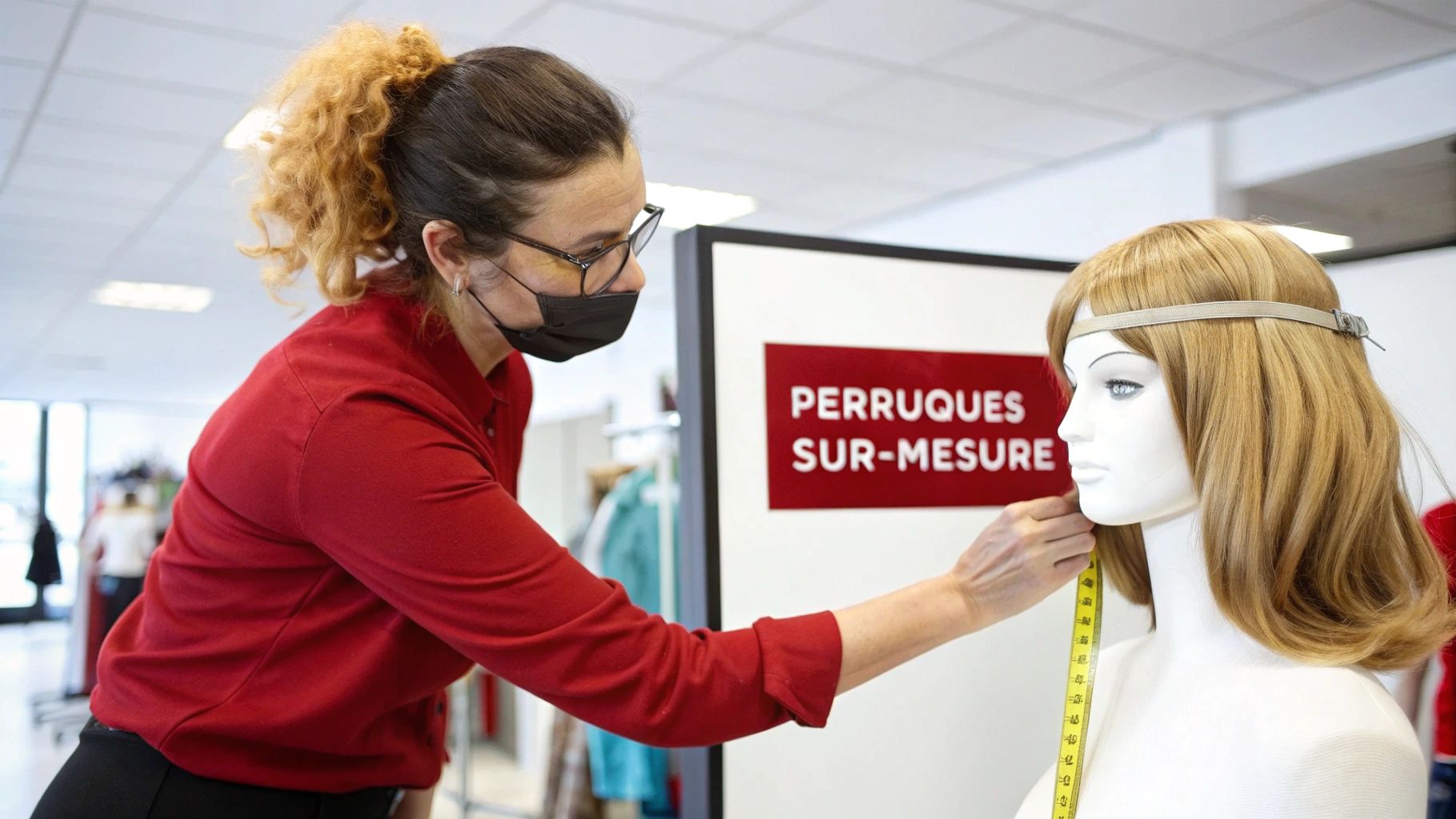 Une femme masquée mesure une perruque blonde sur un mannequin, avec un panneau "Perruques sur-mesure" en arrière-plan.