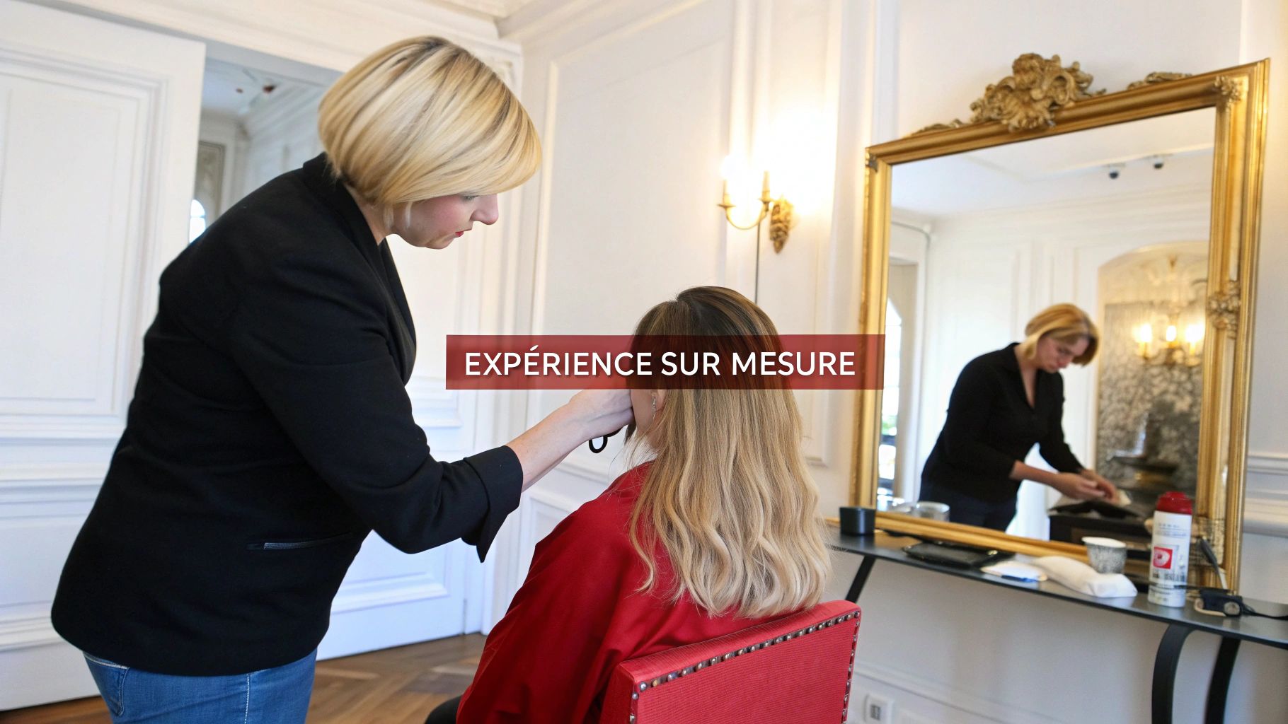Coiffeuse blonde travaillant sur les cheveux blonds d'une cliente, offrant une expérience sur mesure dans un salon.