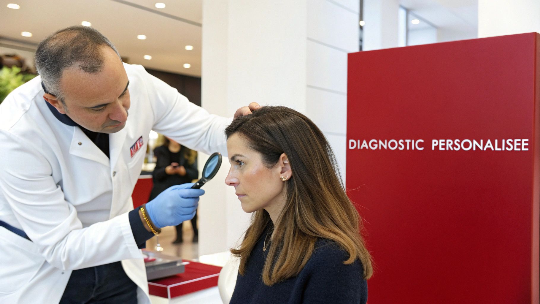 Une styliste experte Velvety Paris réalisant un diagnostic capillaire.