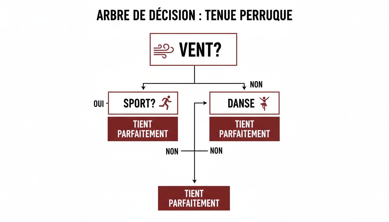 Arbre de décision sur la tenue d'une perruque, indiquant qu'elle tient parfaitement même en cas de vent, sport ou danse.