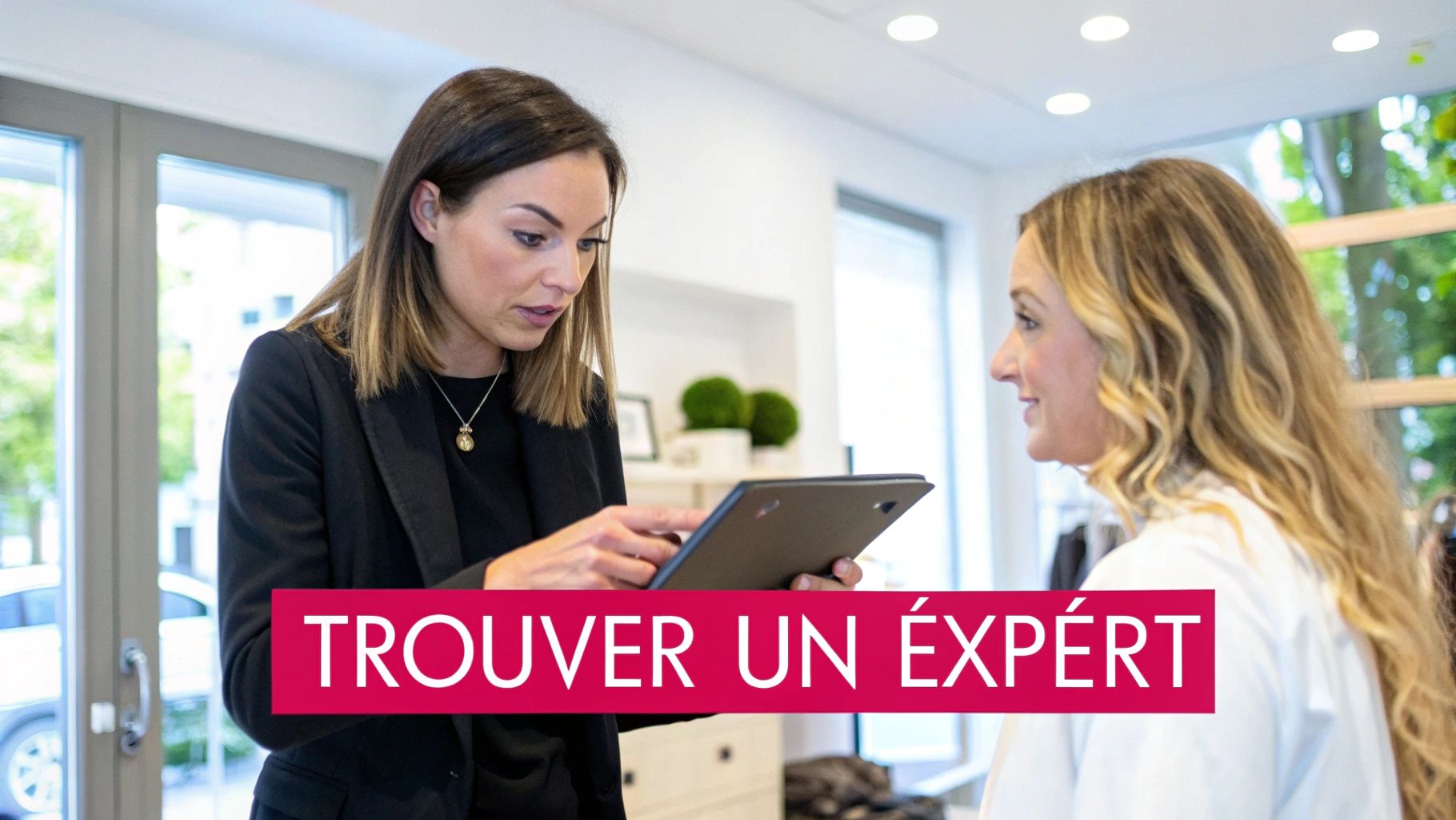 Deux femmes discutent, l'une montrant une tablette à l'autre souriante. Le texte "TROUVER UN EXPERT" est visible.