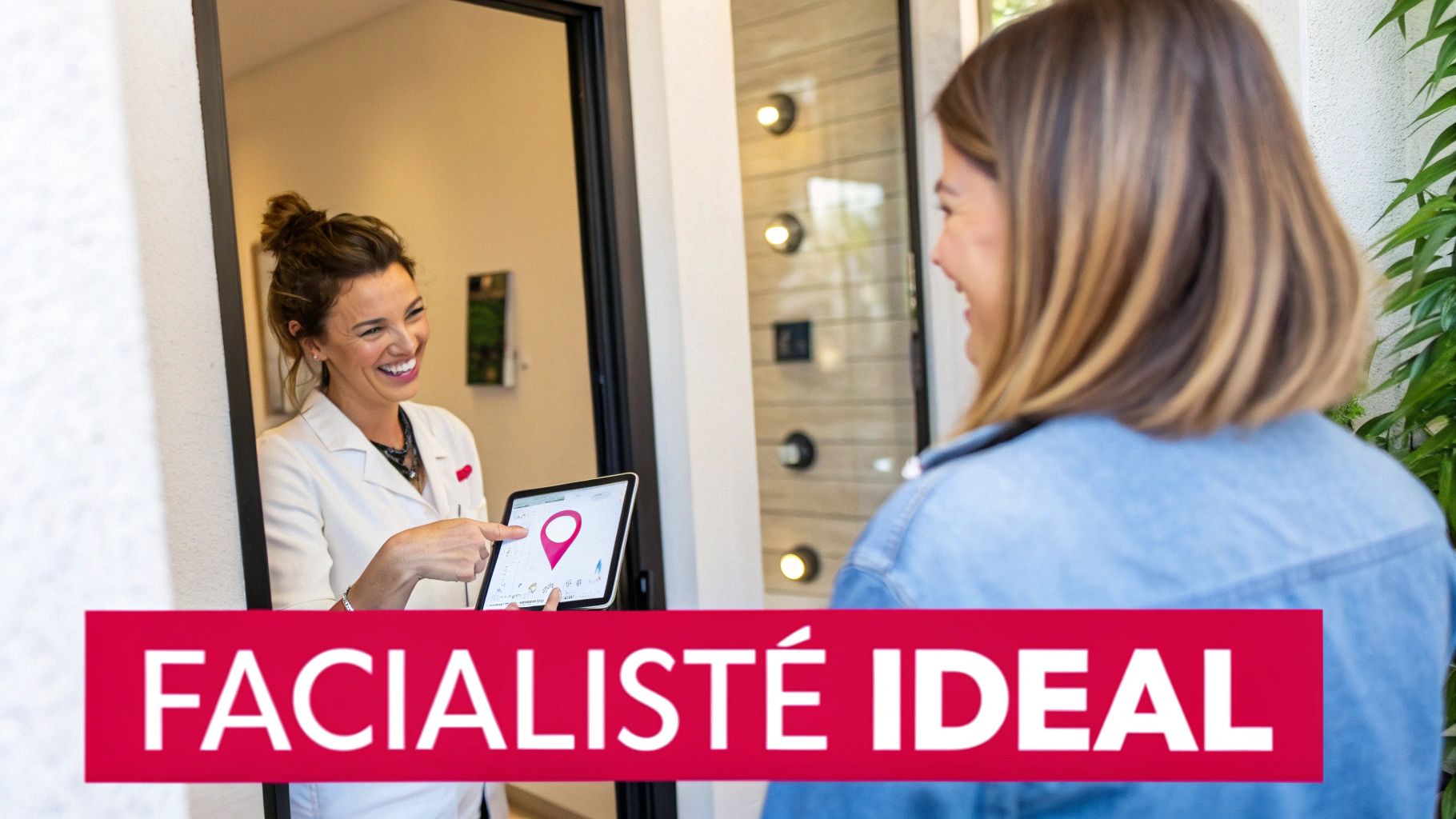 Une facialiste souriante en blouse blanche présente des options sur une tablette à sa cliente.