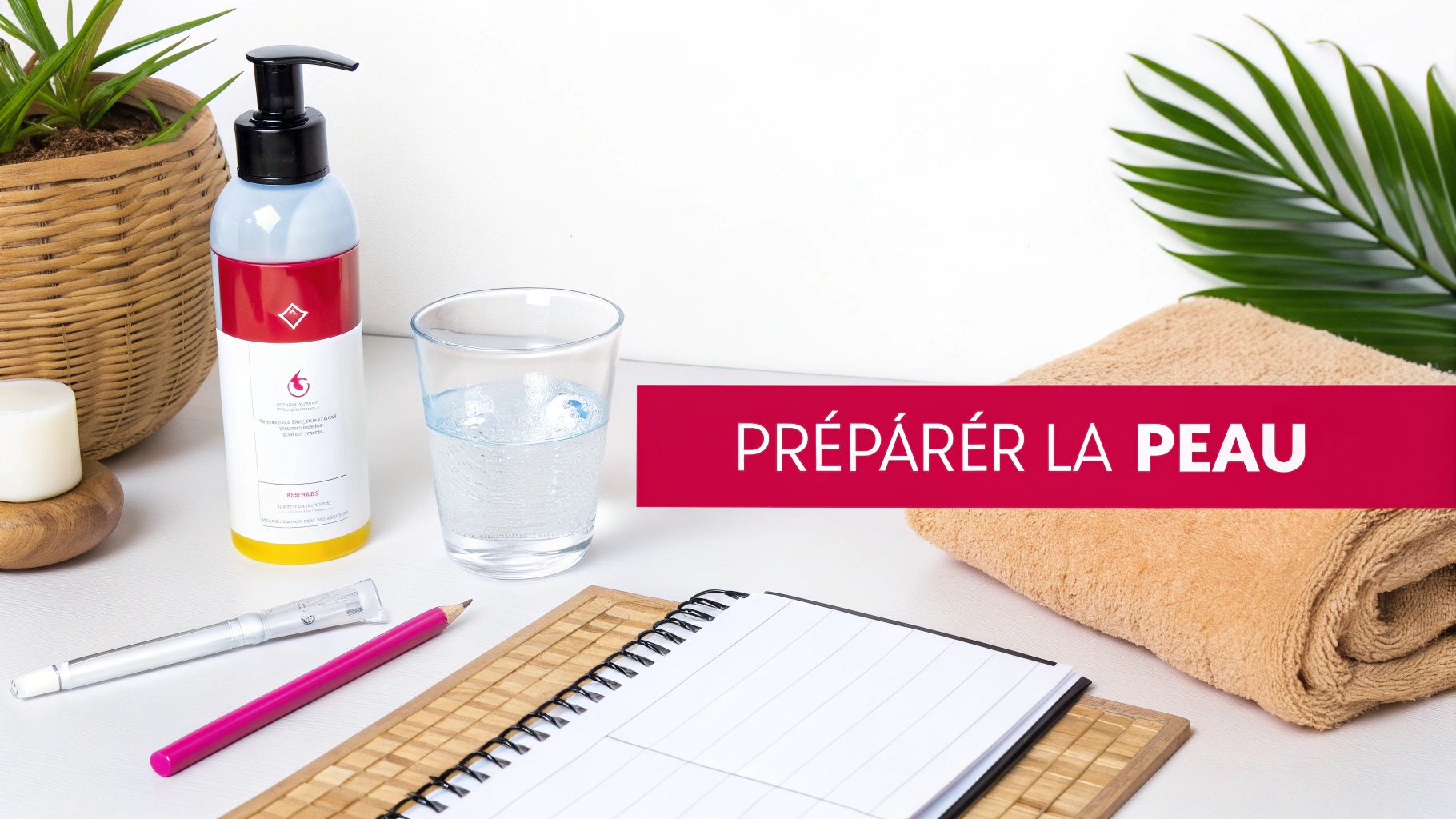 Bouteille de produit de soin, verre d'eau, serviette et matériel d'écriture pour préparer la peau.