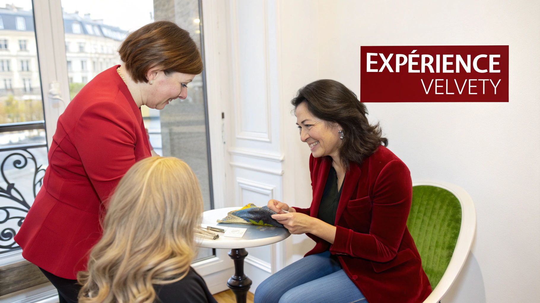 Trois femmes, dont une en veste rouge velours, discutent à une table lors d'une expérience Velvety.
