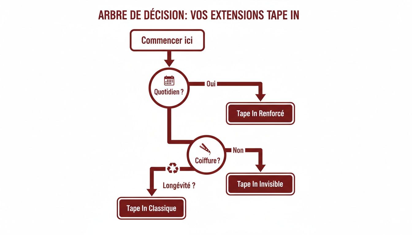 Diagramme de décision pour choisir vos extensions Tape In, basé sur l'usage quotidien, la coiffure et la longévité.
