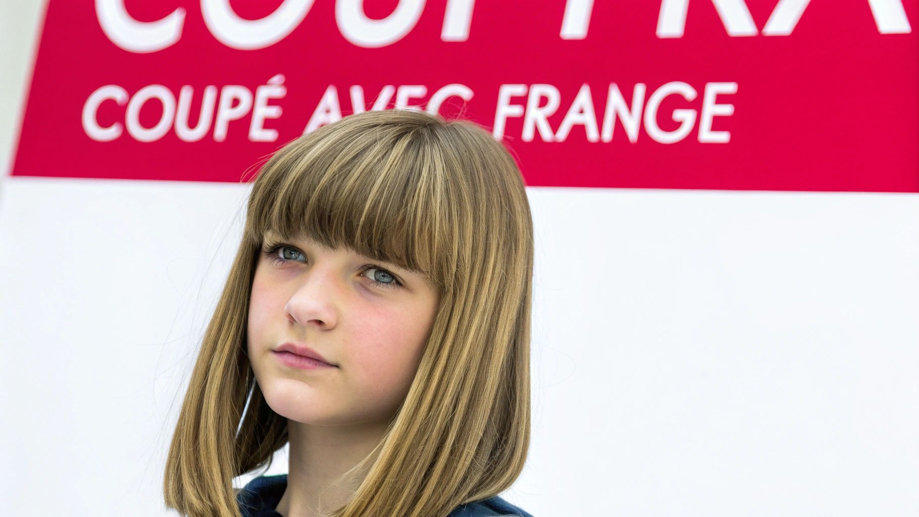 Une jeune fille aux cheveux blonds coupés avec une frange devant un mur blanc et rouge.