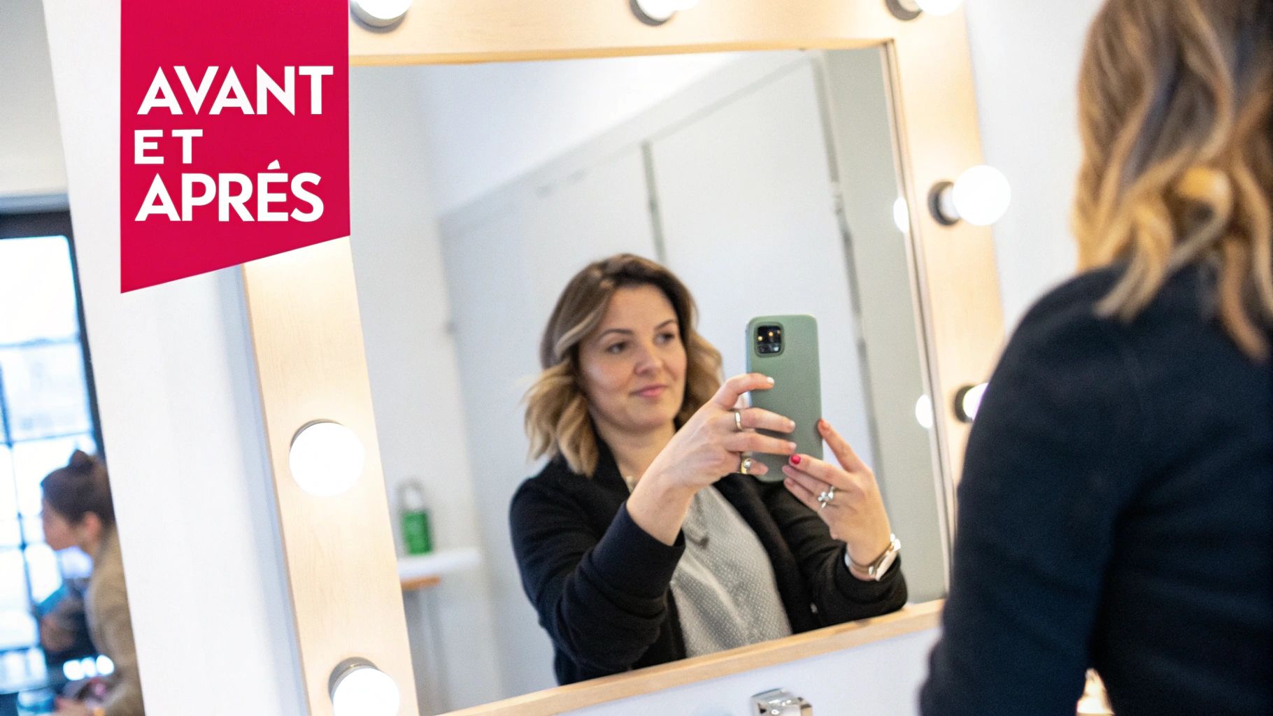 Femme souriante prenant un selfie dans un miroir de maquillage lumineux, avec bannière "Avant et Après".