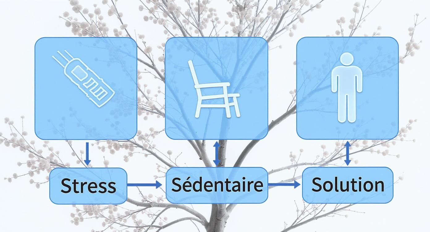 Diagramme illustrant la progression du stress vers la sédentarité puis la solution par le massage