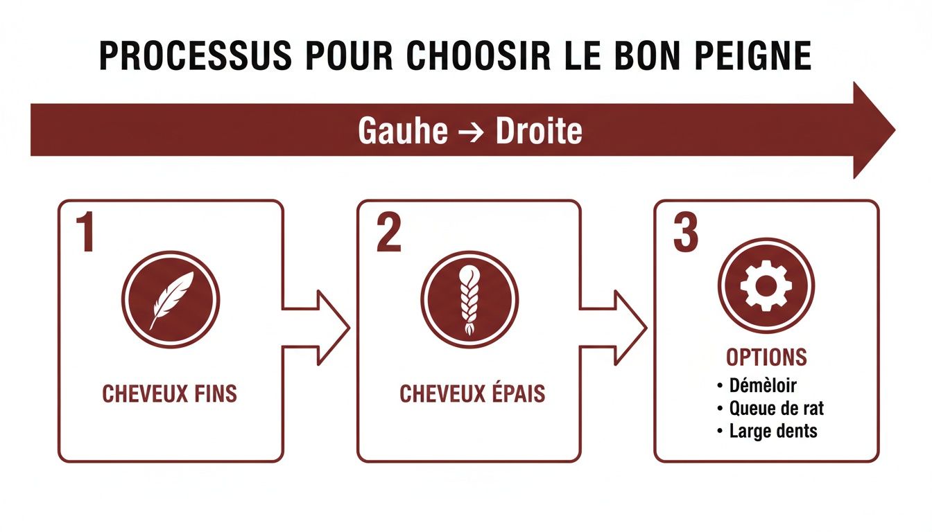 Diagramme expliquant comment choisir le bon peigne en fonction du type de cheveux (fins ou épais) et des options disponibles.