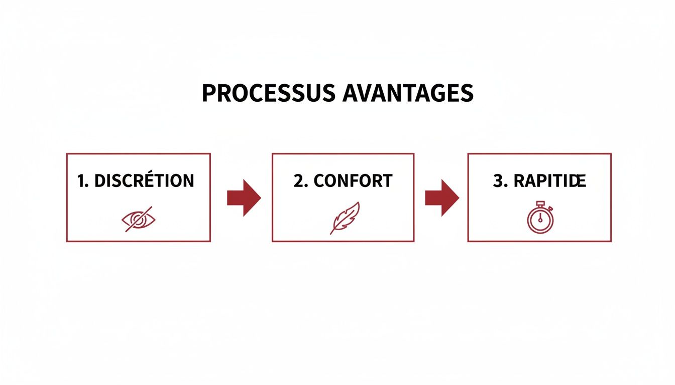 Schéma simple montrant les trois avantages clés d'un processus : discrétion, confort et rapidité, avec des icônes visuelles.
