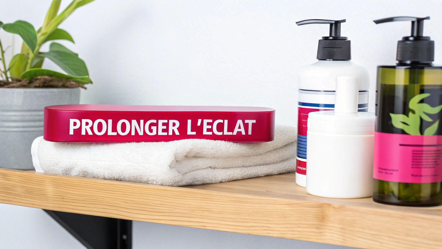 Des produits de salle de bain et une boîte rouge avec l'inscription "PROLONGER L'ECLAT" sur une étagère en bois avec une serviette blanche.