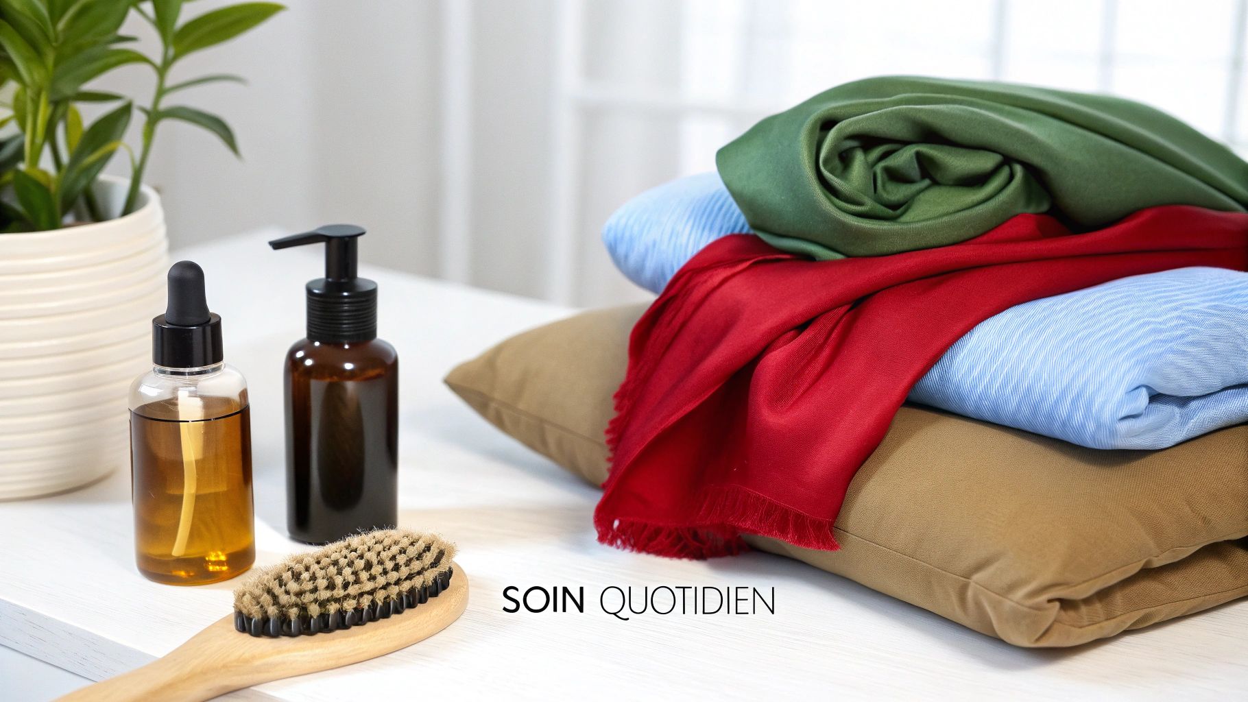 Flacons d'huile et brosse de soin, avec des tissus colorés et un coussin beige sur une table.