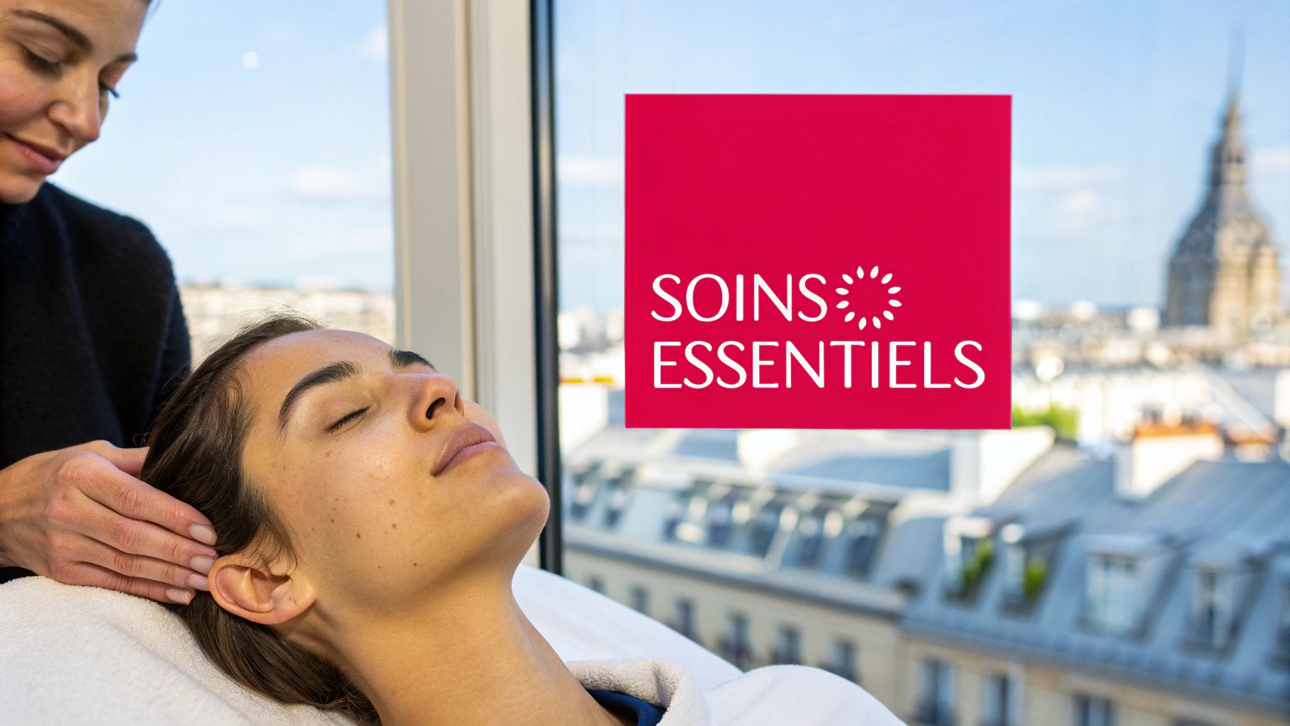 Une femme reçoit un massage relaxant du visage et de la tête dans un cadre lumineux, avec vue sur la ville.