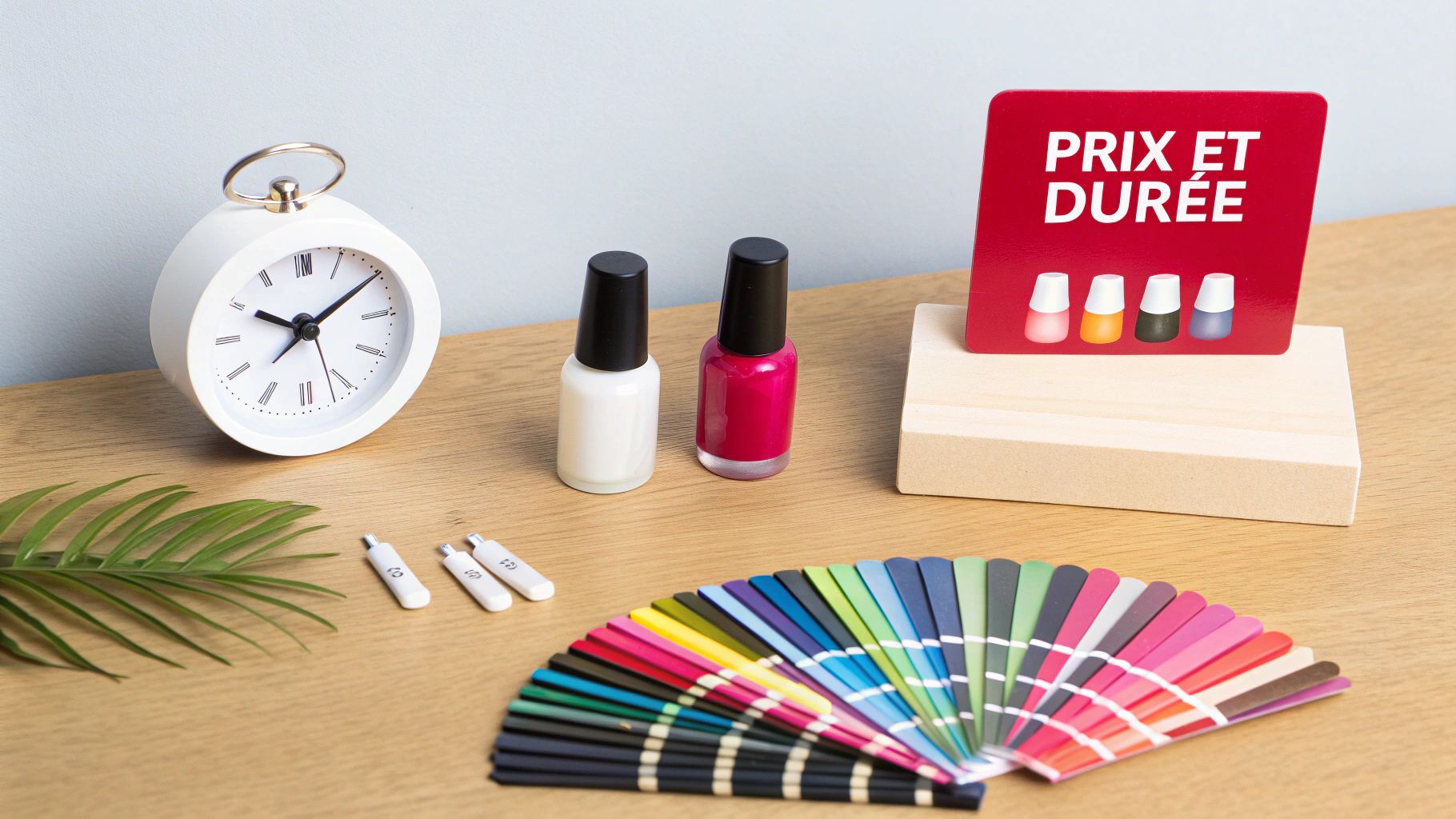 Un réveil, des vernis à ongles, un nuancier de couleurs et un panneau "PRIX ET DURÉE" sur une table en bois.