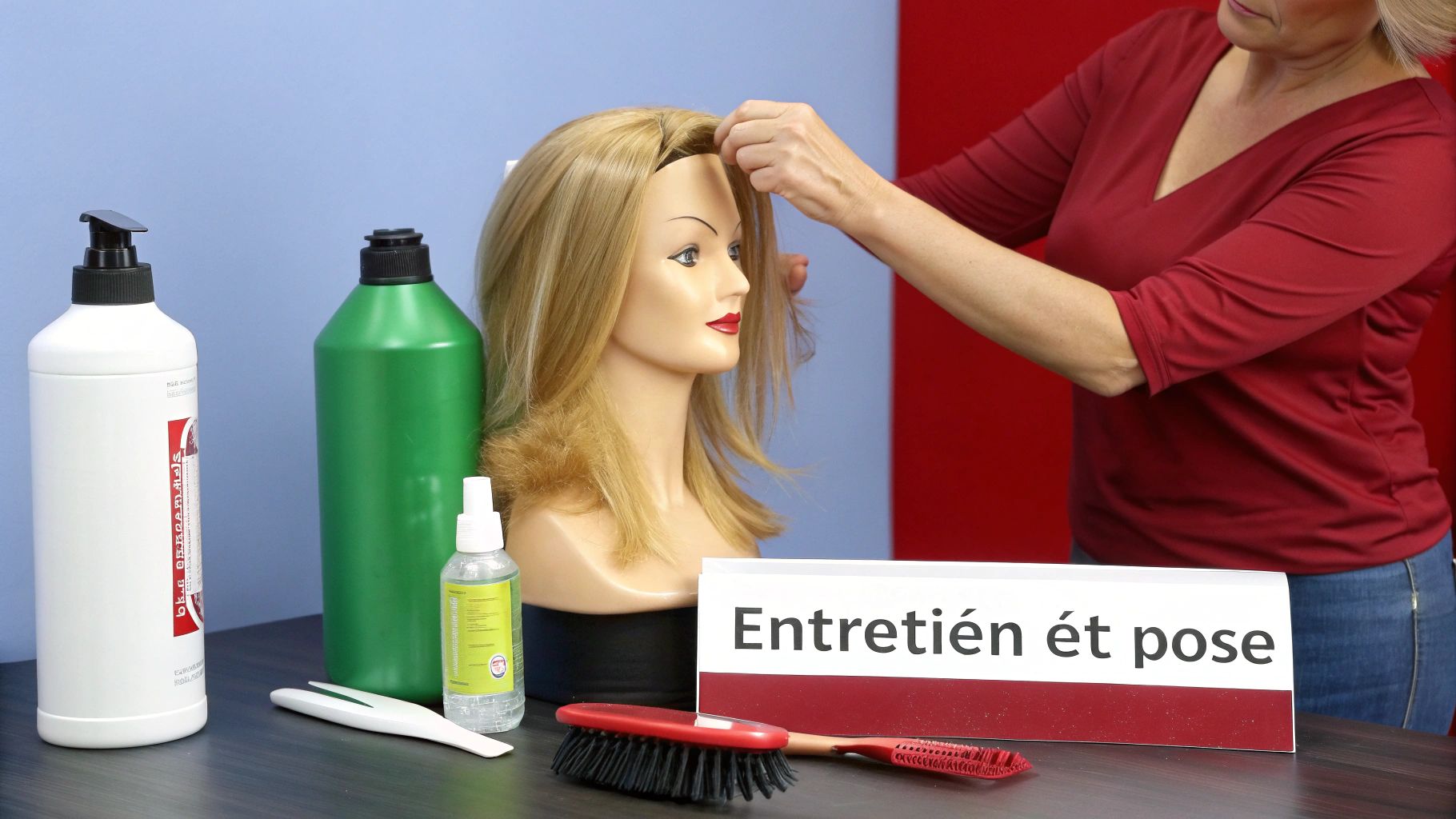 Une femme coiffe une perruque blonde sur une tête de mannequin, entourée de produits capillaires et d'outils de coiffure.