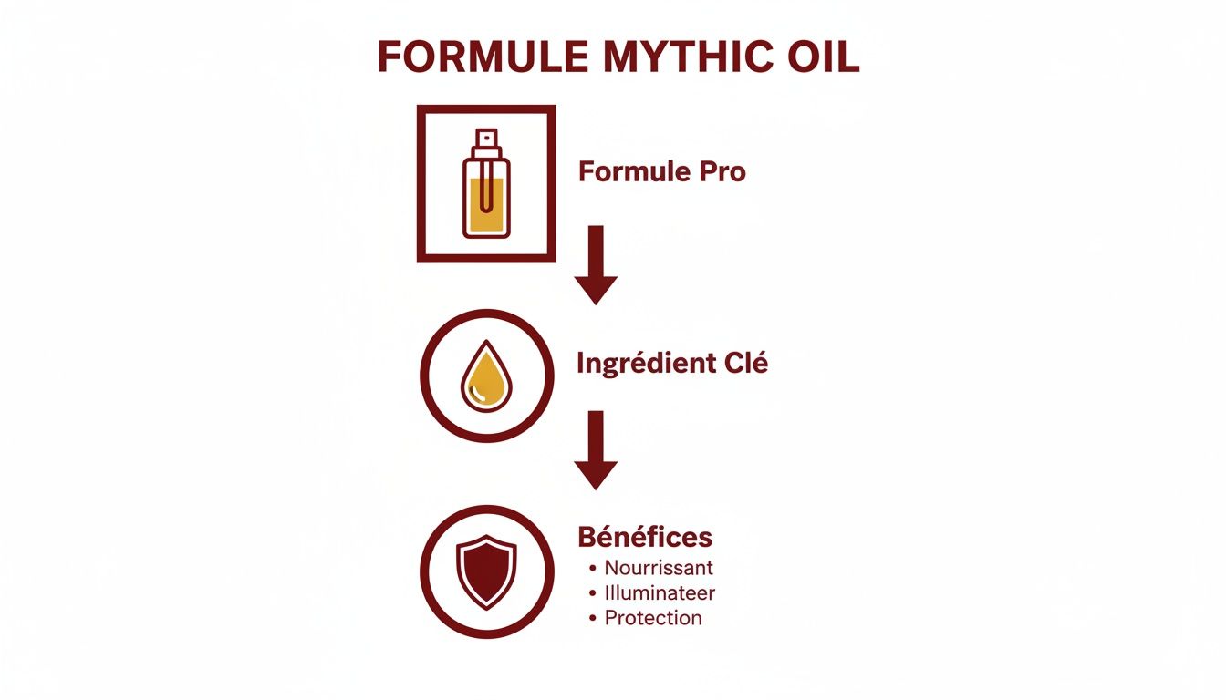 Diagramme explicatif de la Formule Mythic Oil : Formule Pro, ingrédient clé et ses bénéfices (nourrissant, illuminateur, protection).