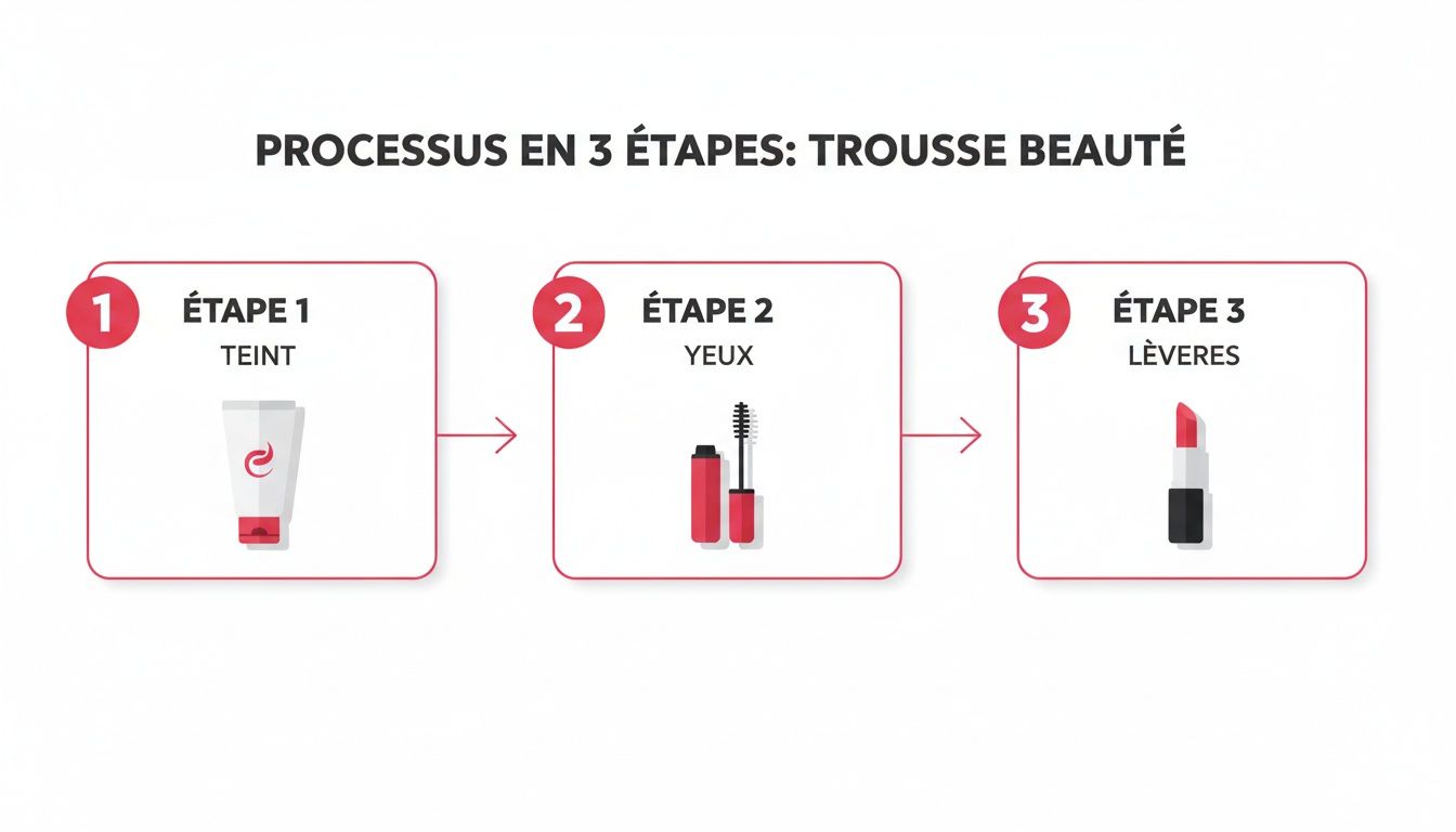 Processus de beauté en 3 étapes avec les produits de maquillage essentiels pour le teint, les yeux et les lèvres.