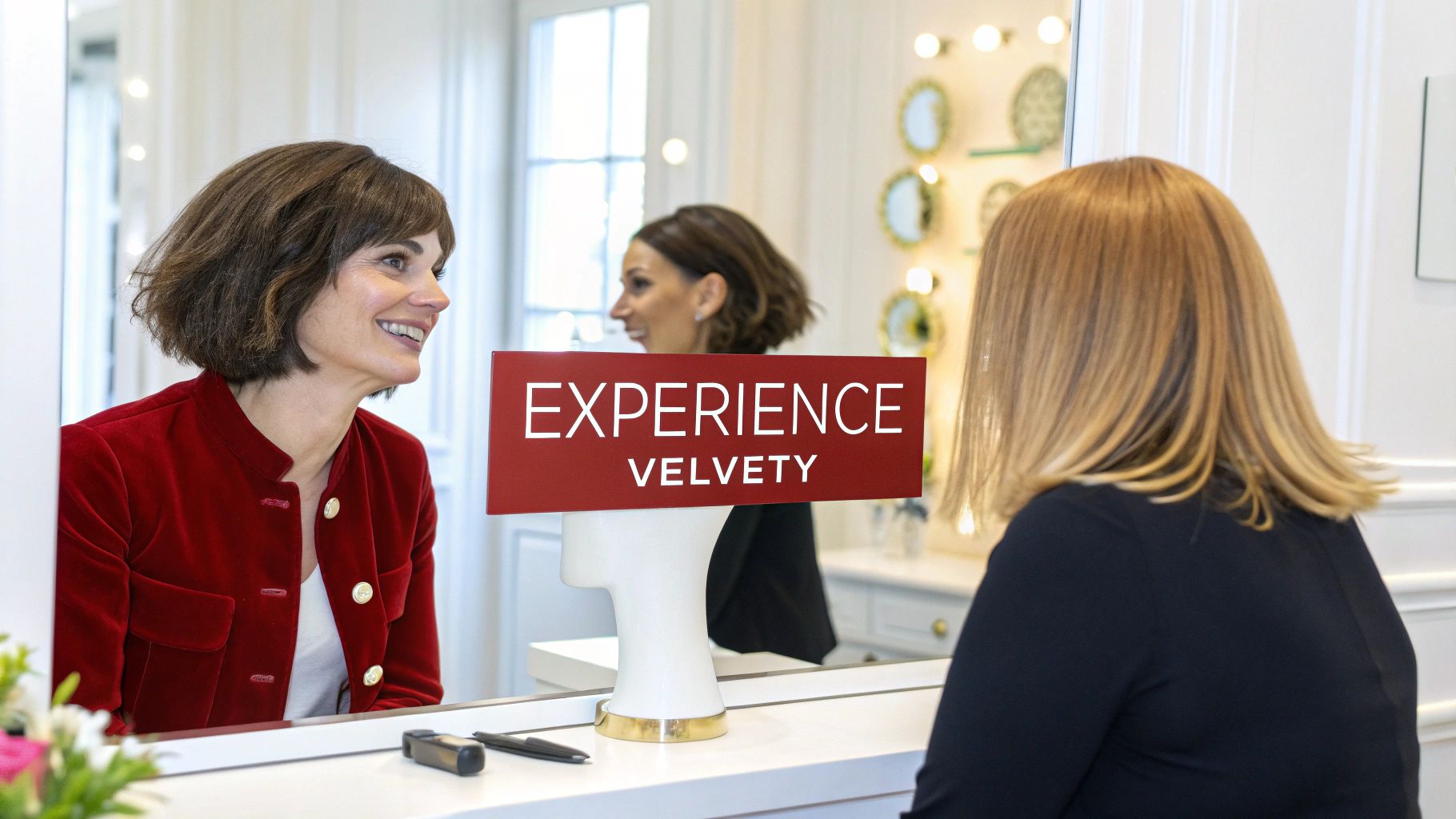 Une femme souriante en veste de velours rouge discute avec une autre femme dans un salon, devant un panneau "EXPERIENCE VELVETY".