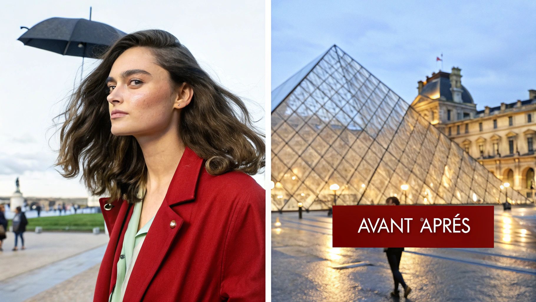 Image divisée : portrait d'une femme au manteau rouge à gauche, pyramide du Louvre et texte 'AVANT APRÈS' à droite.