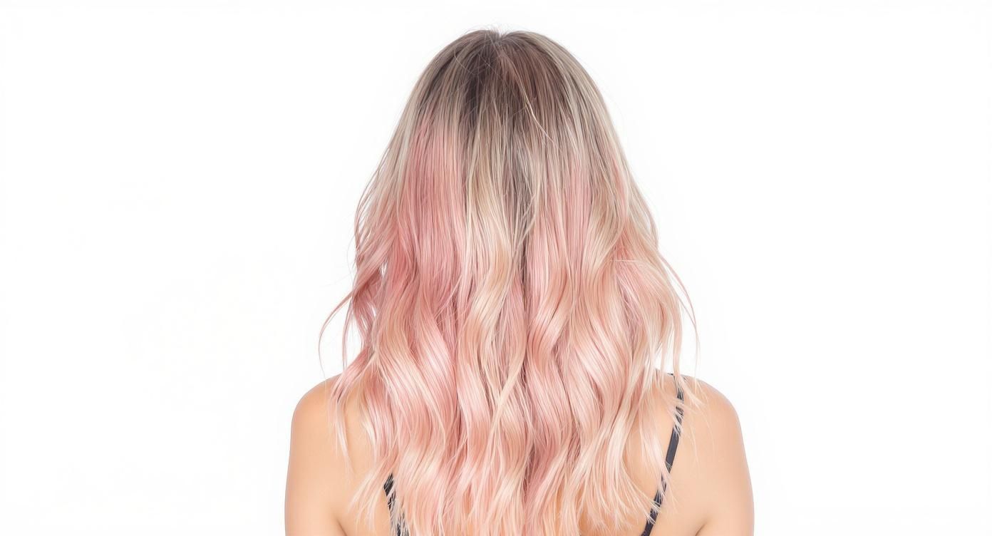 Une femme de dos avec de longs cheveux ondulés ombrés, allant du blond foncé au rose clair.