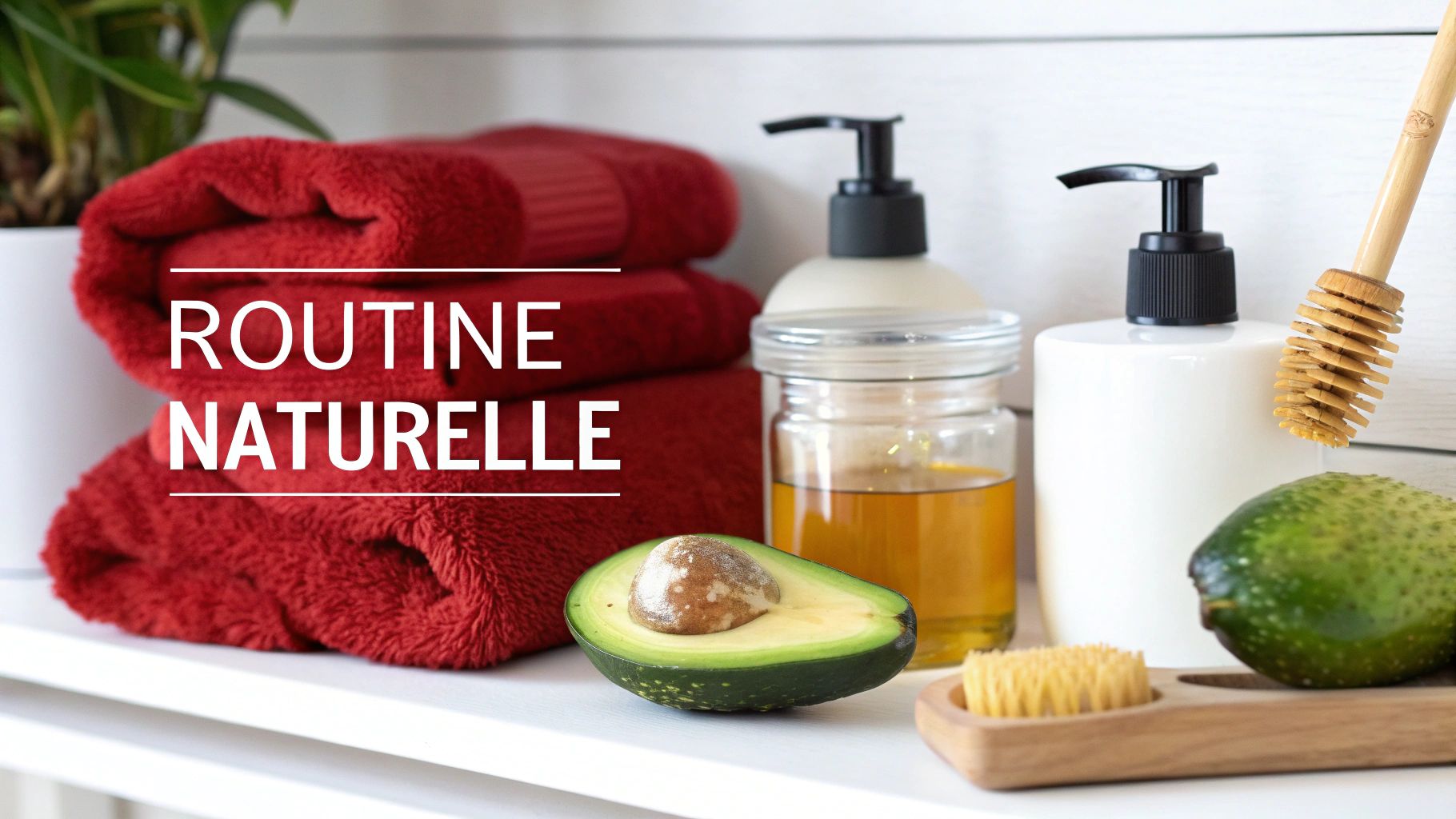 Une femme aux cheveux longs et sains appliquant un soin naturel fait maison sur ses cheveux.