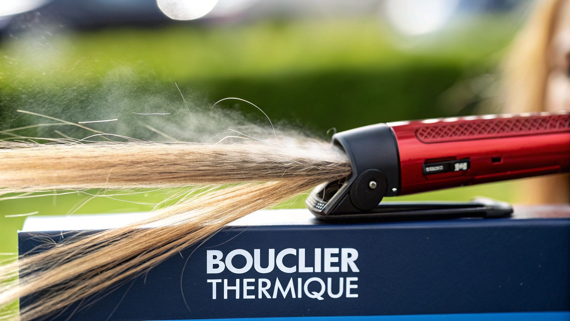 Une femme vaporise un spray protecteur de chaleur sur ses cheveux bruns et brillants