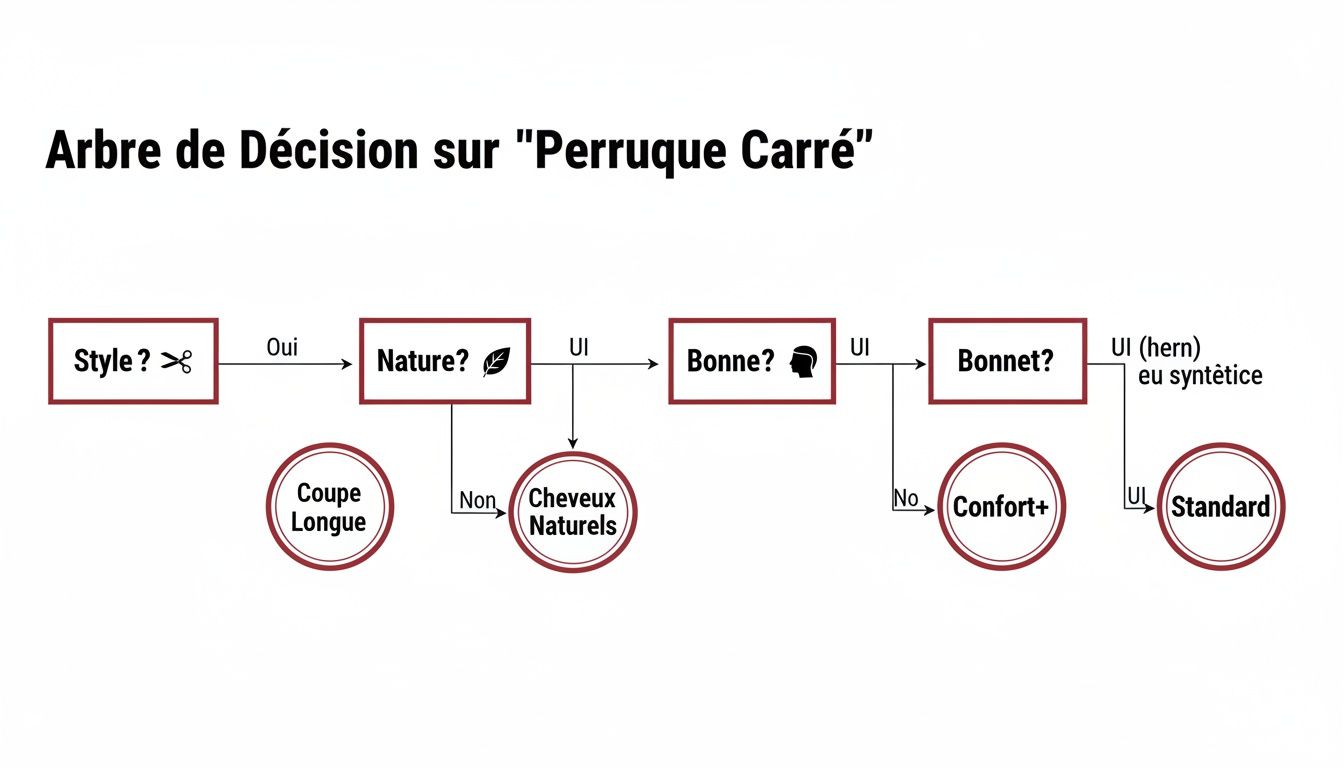 Arbre de décision pour choisir une perruque carrée, évaluant le style, la nature, le bonnet, le confort et les options standard.