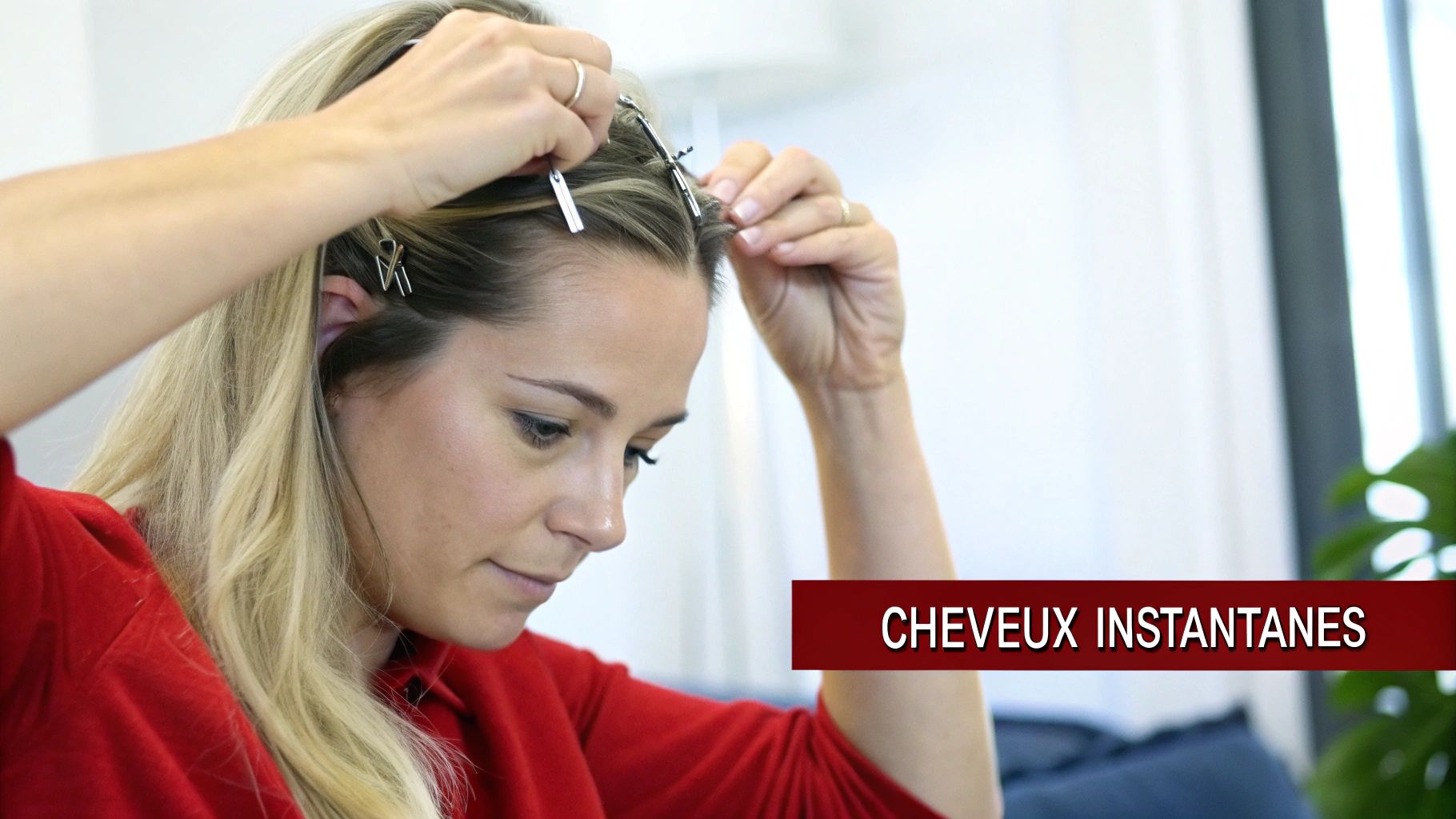 Une femme aux cheveux blonds utilise des pinces pour poser des extensions de cheveux à clip.