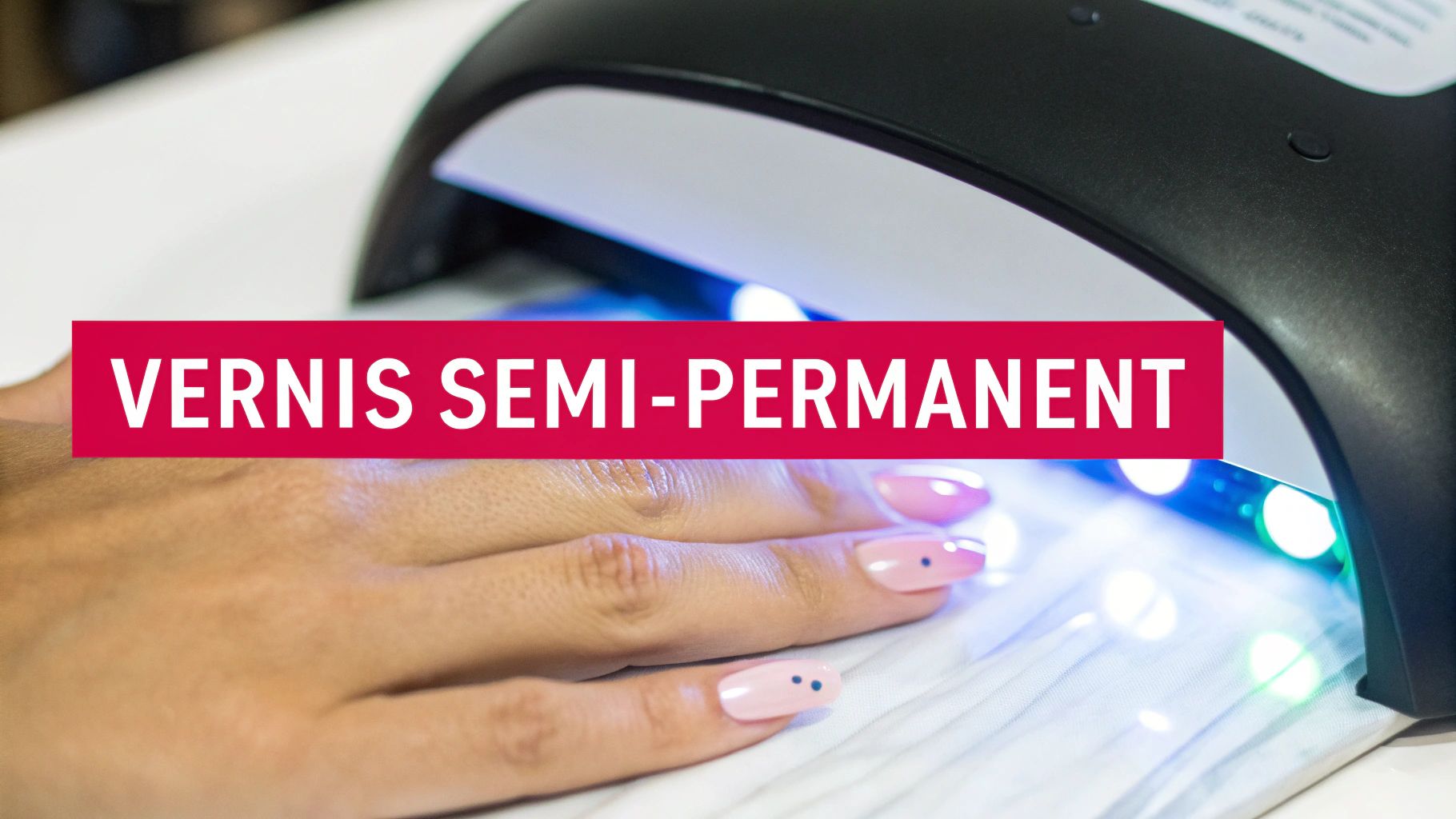Main de femme sous lampe UV pour séchage vernis semi-permanent avec manucure rose et décoration