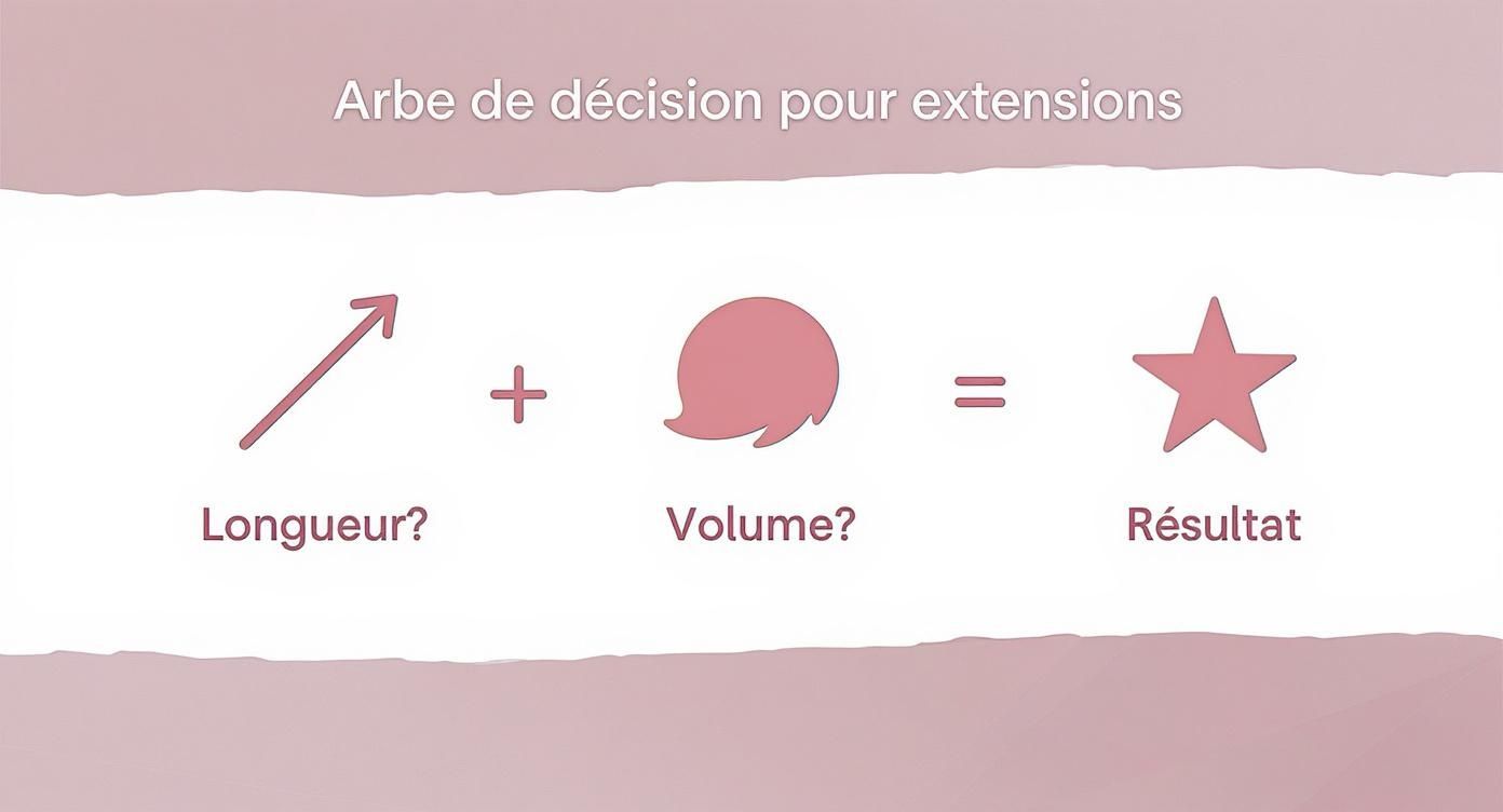 Infographie simple expliquant comment longueur et volume des extensions capillaires mènent au résultat souhaité.
