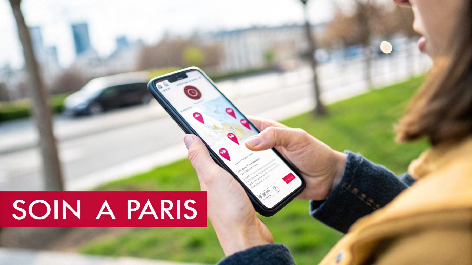 Une personne tient un smartphone affichant une carte avec des épingles de localisation, avec le texte "SOIN A PARIS".