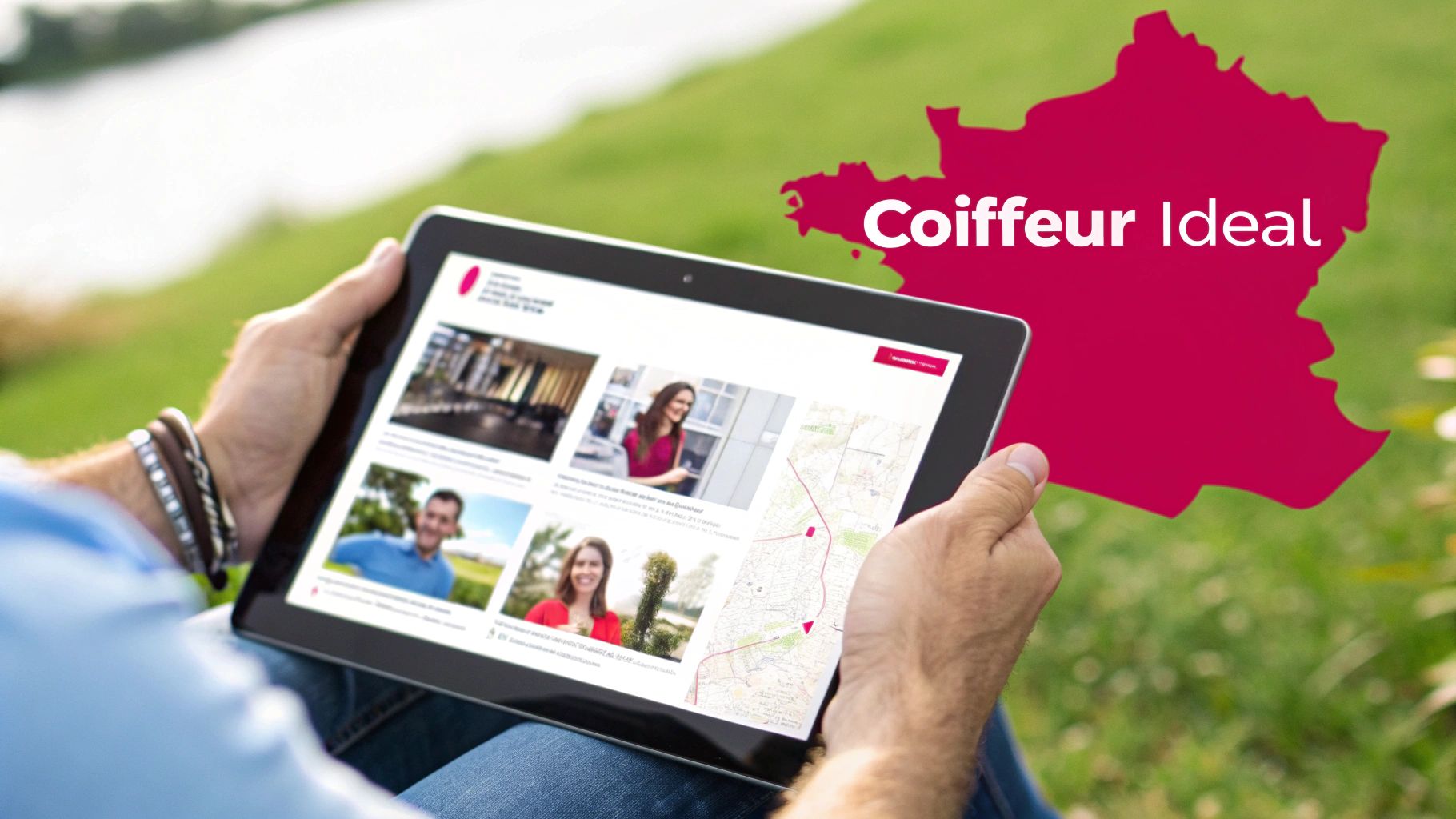 Personne utilisant une tablette pour réserver un coiffeur en ligne avec carte interactive de France