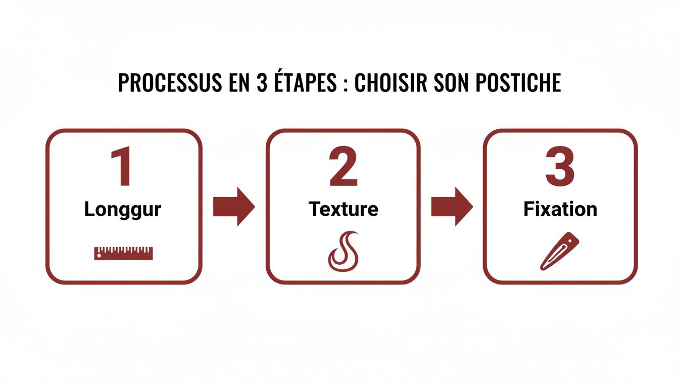 Diagramme illustrant le processus en 3 étapes pour choisir une perruque : longueur, texture et fixation.