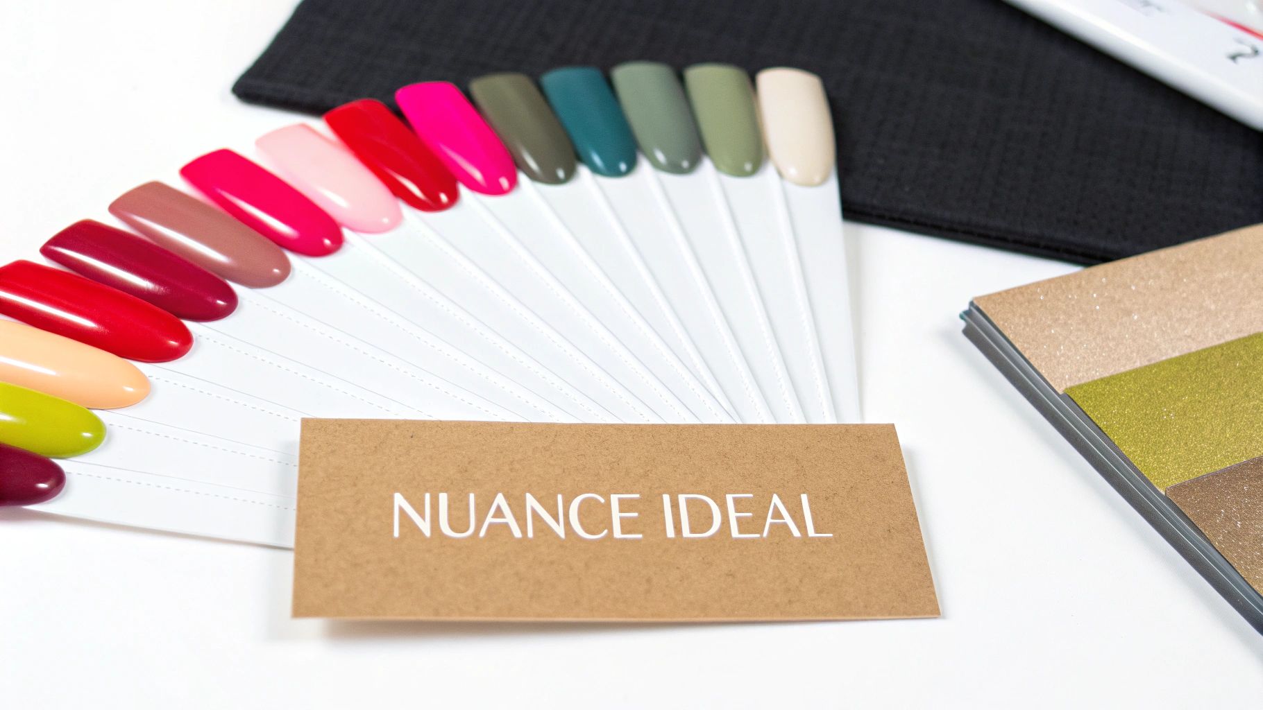 Échantillons de vernis à ongles de différentes couleurs, disposés en éventail, avec une carte "NUANCE IDEAL".