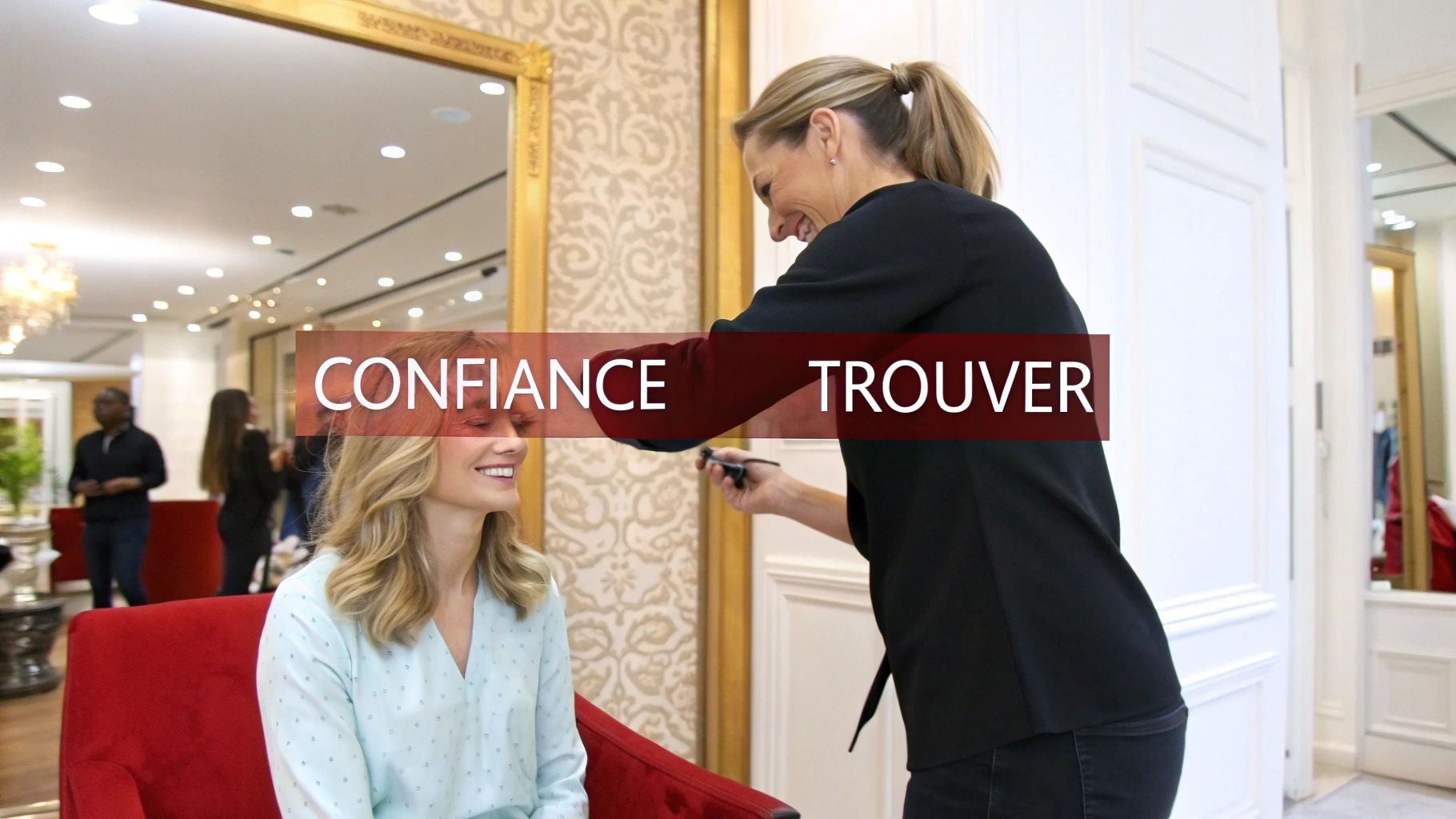 Une femme blonde souriante se fait maquiller par une professionnelle dans un salon, avec le texte 'CONFIANCE TROUVER'.