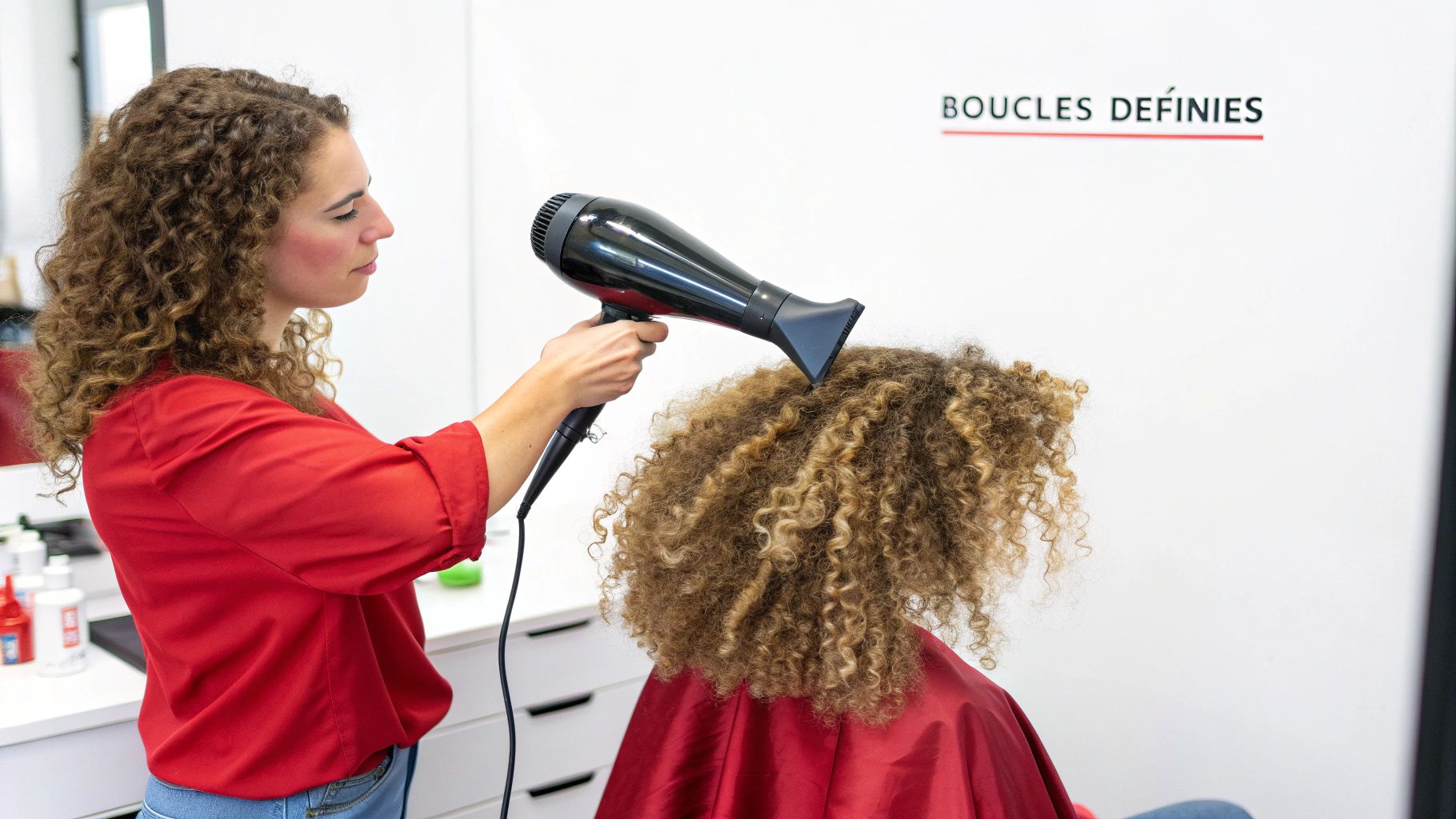 Une styliste professionnelle définit les boucles d'une cliente dans un salon élégant.