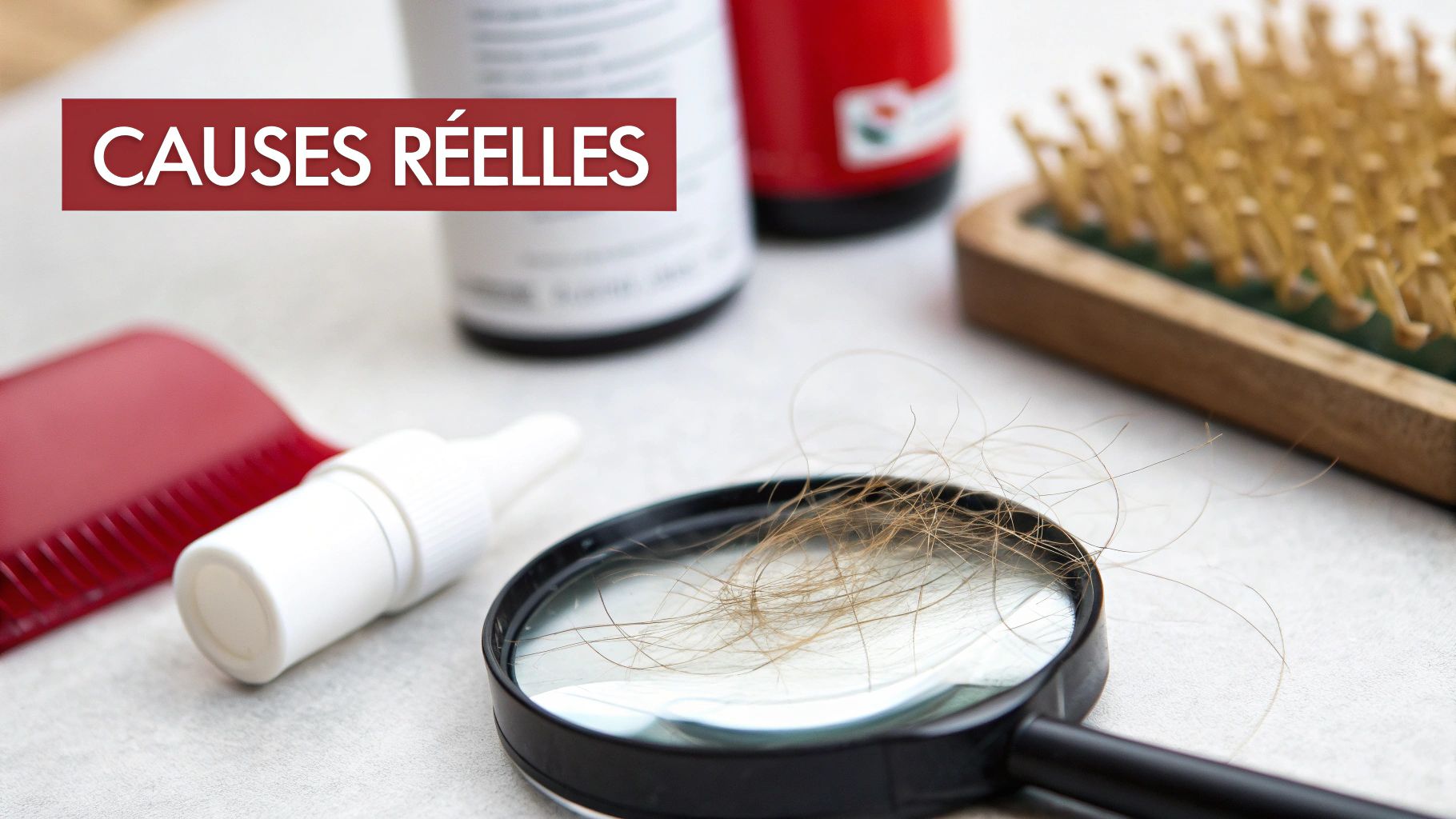 Gros plan sur une loupe avec des cheveux, des produits capillaires et le texte "CAUSES RÉELLES".